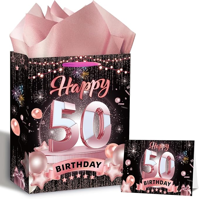 Large 50Th Birthday Card For Women With Envelope, Black Rose Gold Happy