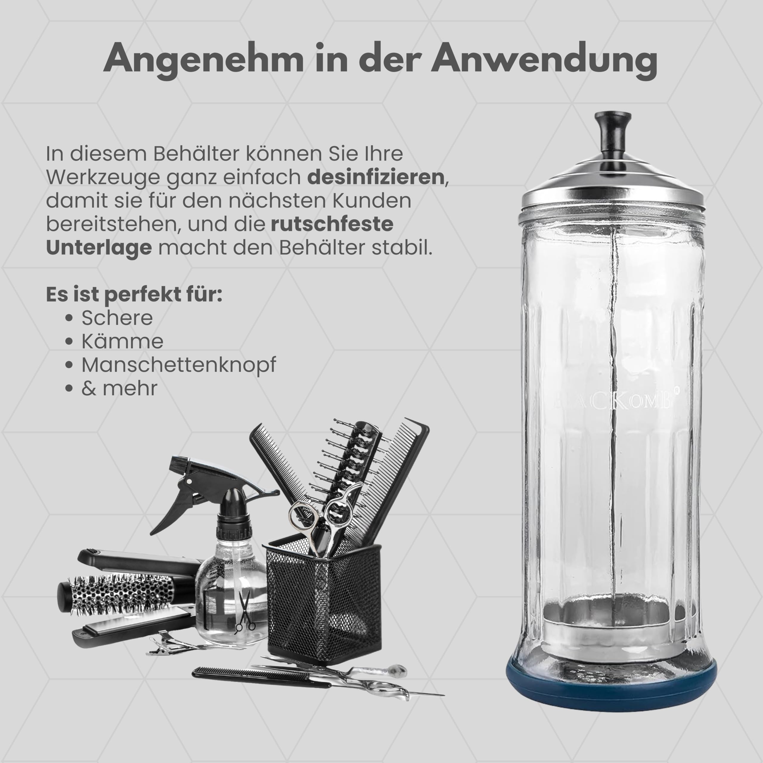 Desinfektionsmittel Glas 1L – Desinfektionsglas für Kosmetikstudio - Instrumentendesinfektion – Sterilisationsglas für Friseursalon – Barber Sterilisator aus Glas und Edelstahl