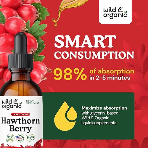 Miniatura 4 de Wild & Organic Gotas de extracto de bayas de espino de 600 mg  Suplemento líquido de espino para apoyo general  Tintura de hierbas veganas, sin