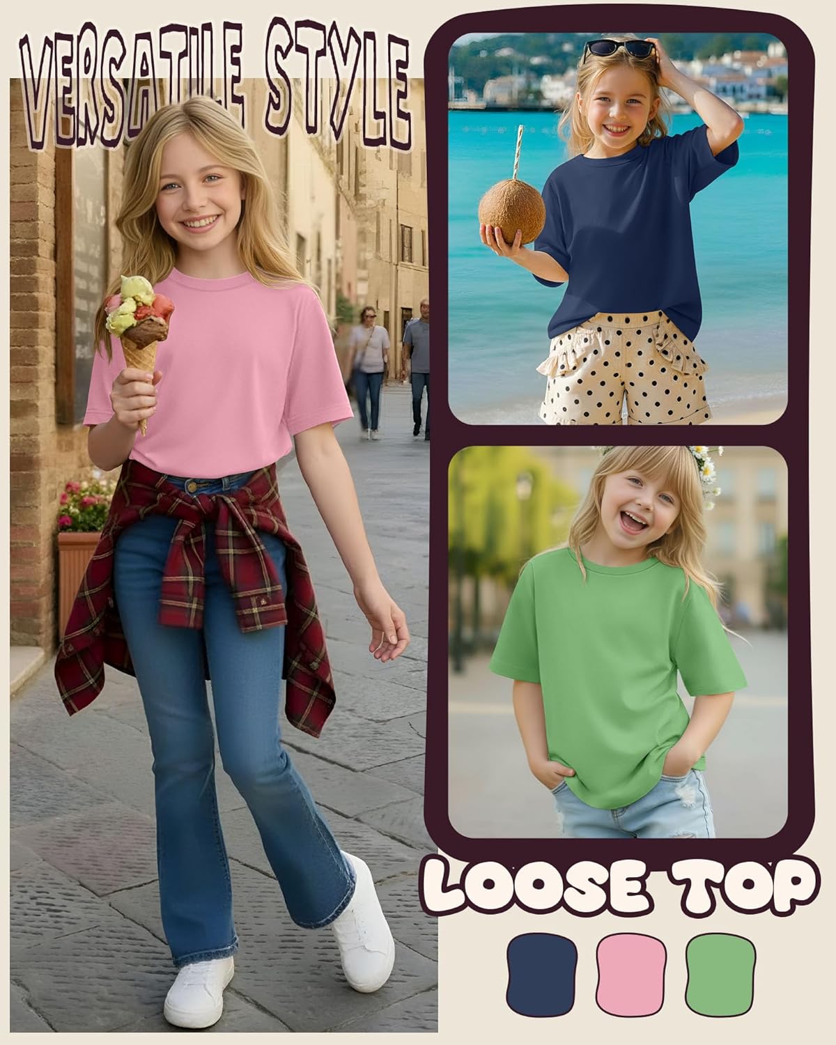 3 Pack Girls' Half Sleeve Shirts Crew Neck Elbow Length Tops Casual Loose T Shirt Soft Basic Tee for Kids Aged 5-14 - Image 3