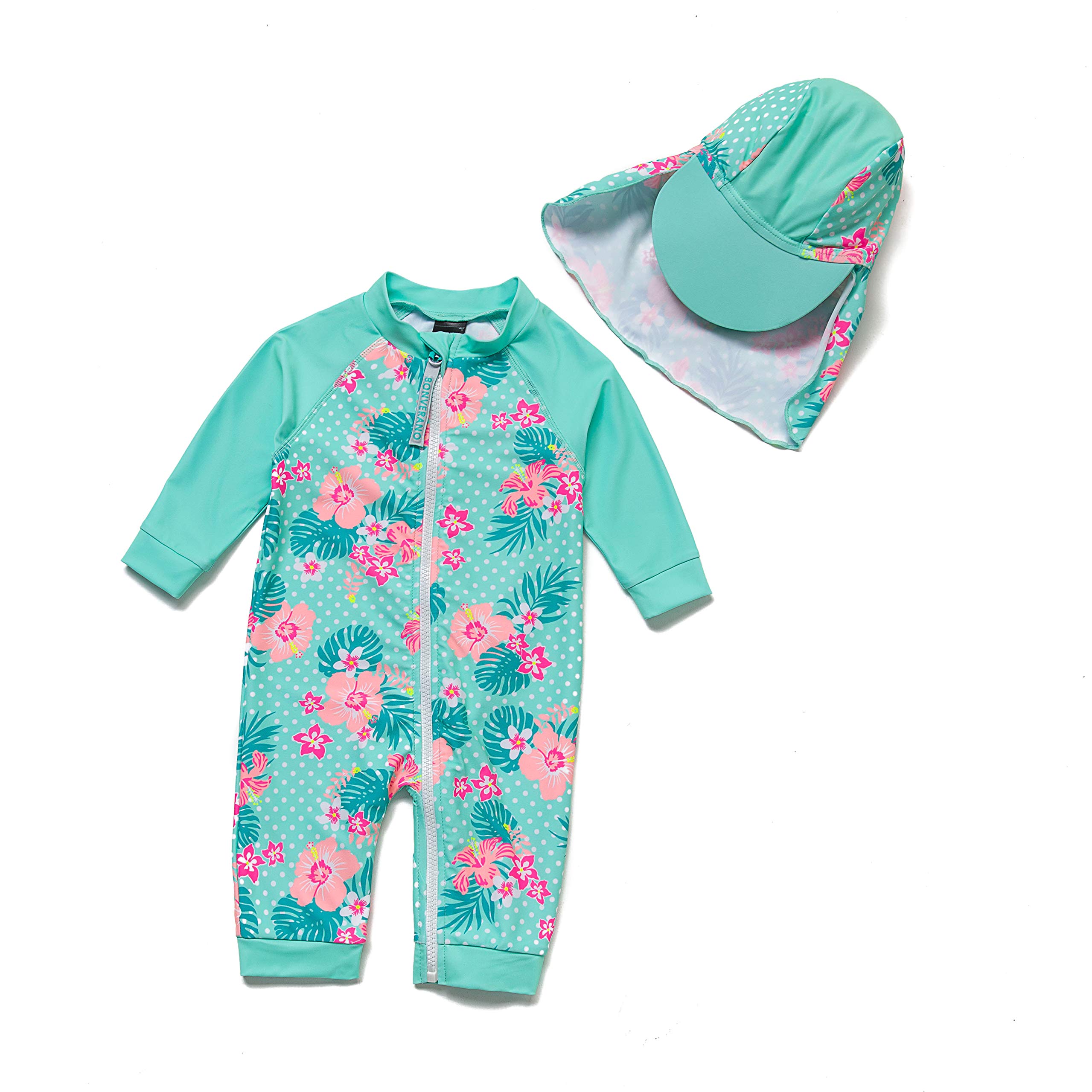 BONVERANO Trajes de baño para niña con protección solar UPF 50+, una pieza, cremallera de longitud completa con gorra para el sol