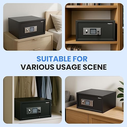 Miniatura 8 de Caja fuerte de 1 pie cúbico, caja de seguridad digital con estante, teclado y combinación, caja fuerte digital de acero de aleación para el hogar,