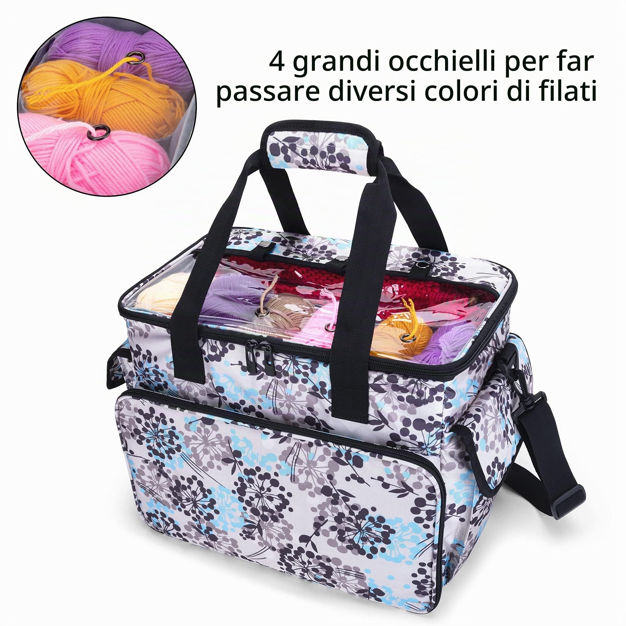 CURMIO Borsa per Lavoro a Maglia con Coperchio Trasparente, Dente di Leone | Organiser per Aghi / Uncinetto/ Ferri, Scomparti Multipli, 4 Occhielli, Tracolla Rimovibile, Senza Accessori Inclusi