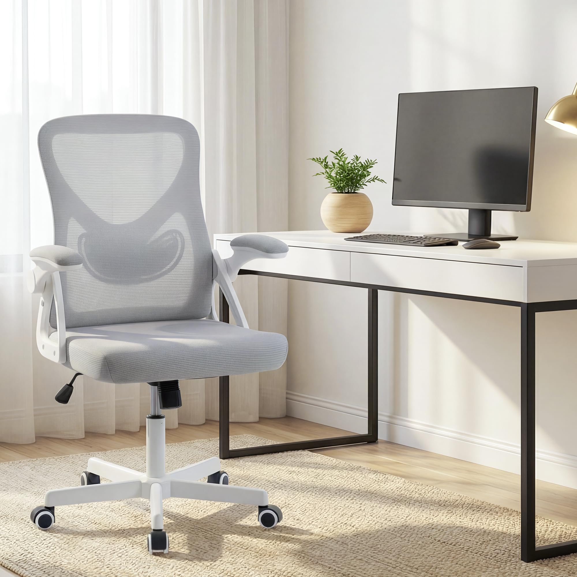 Bürostuhl ergonomisch – Schreibtischstuhl Netz, Lendenstütze 150kg | Klappbare Armlehnen, verstellbare Lendenstütze, 90-110° Rückenlehne, höhenverstellbar, leise Rollen, Homeoffice & Büro