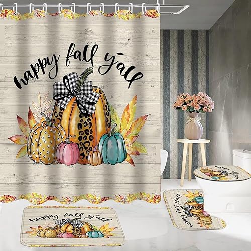 Miniatura 3 de DDQQ Juego de cortinas de ducha de otoño de Acción de Gracias con alfombras, 4 piezas con diseño de calabaza y cuadros de calabaza, juego de