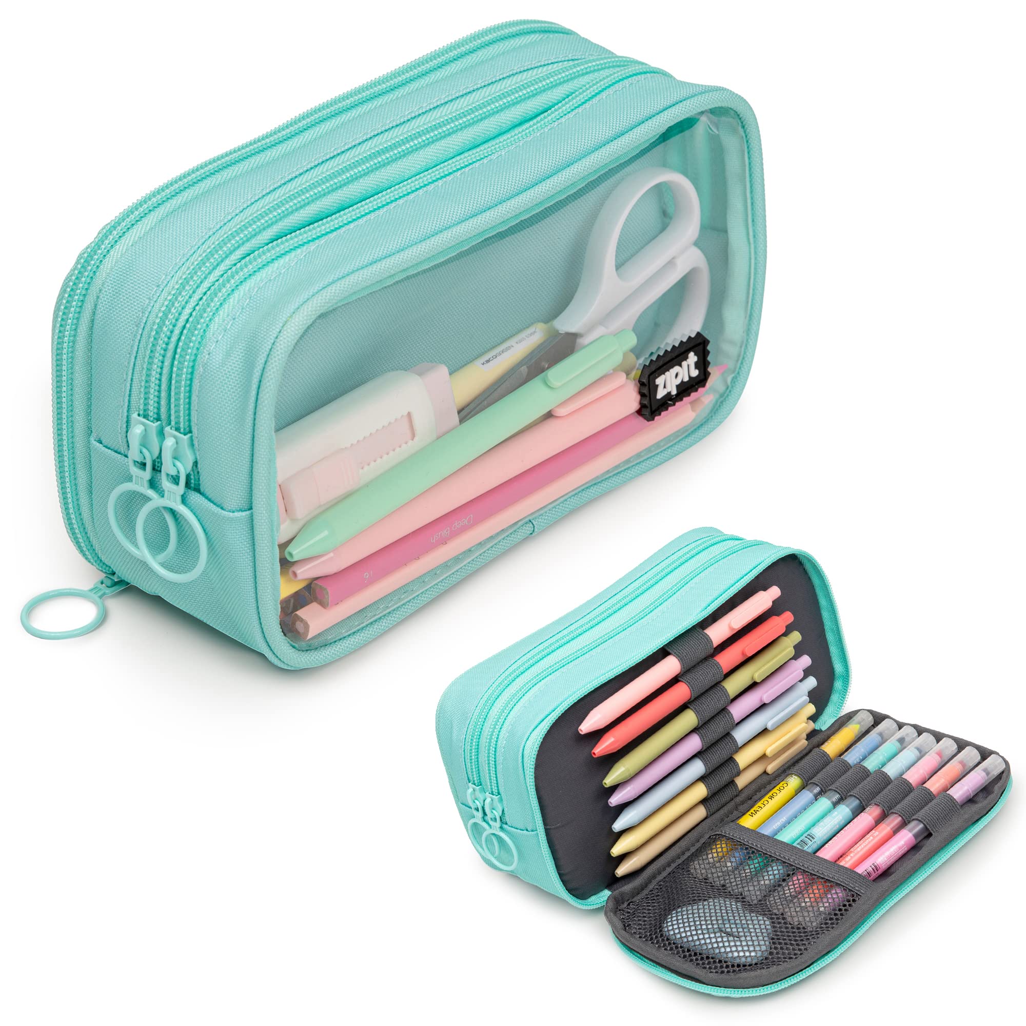 ZIPIT Half & Half Pencil Case, 3 Compartment Zipper Pouch for School, Stationery Bag for Teen Girls Boys and Adults, Mint
