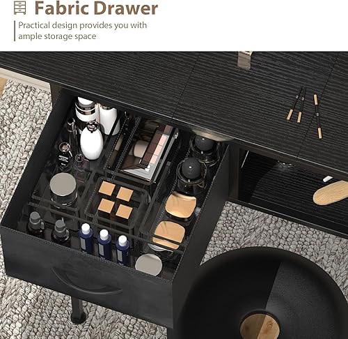 Miniatura 4 de DAMEING Escritorio de tocador sin espejo, pequeña mesa de tocador de maquillaje con cajones de tela y toma de corriente, escritorio de maquillaje