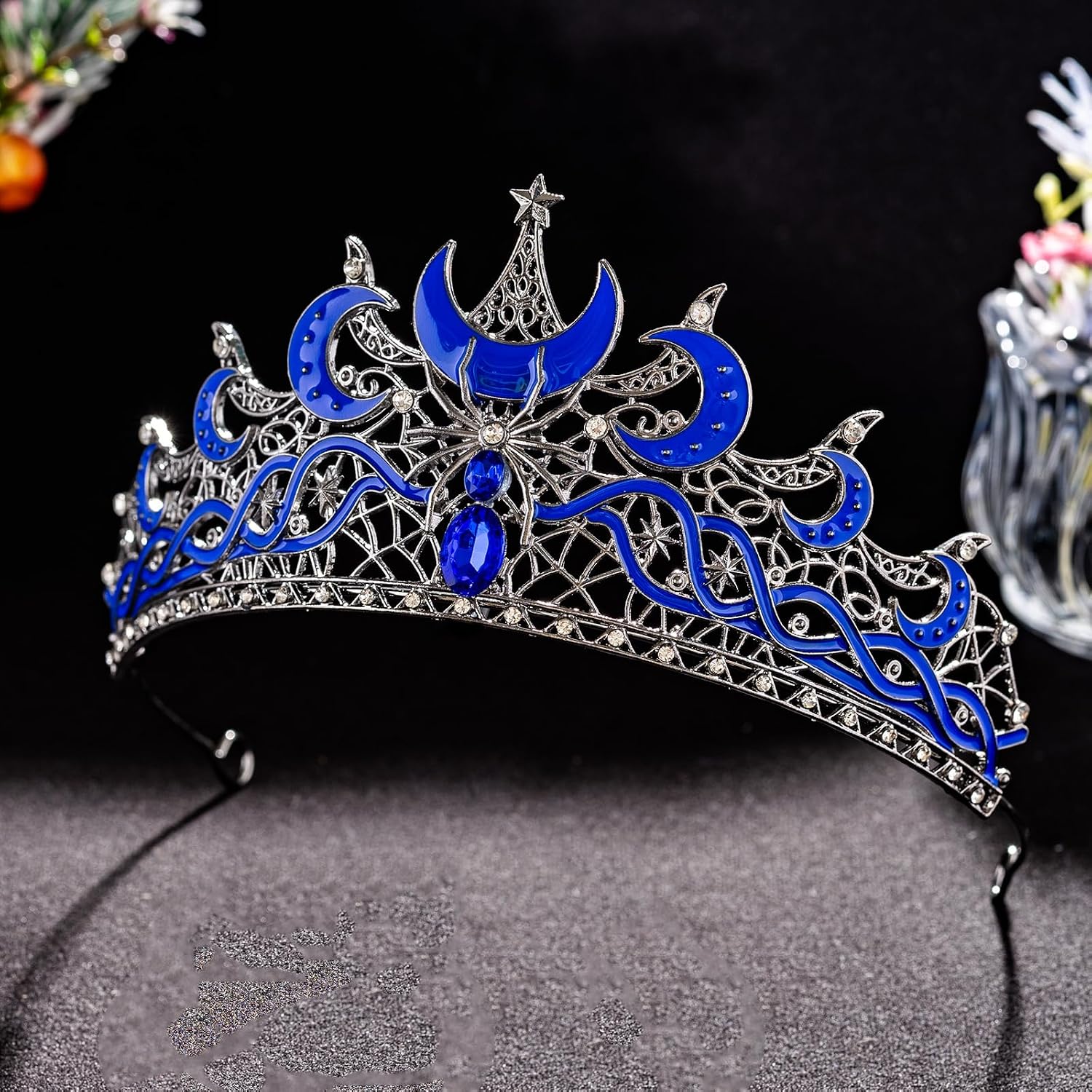 Gothic Moon Crown for Women - Spider Crystal Tiara Headpiece, Mysterious Dark Queen Crown for Halloween, Cosplay, Wedding Hair Accessories
