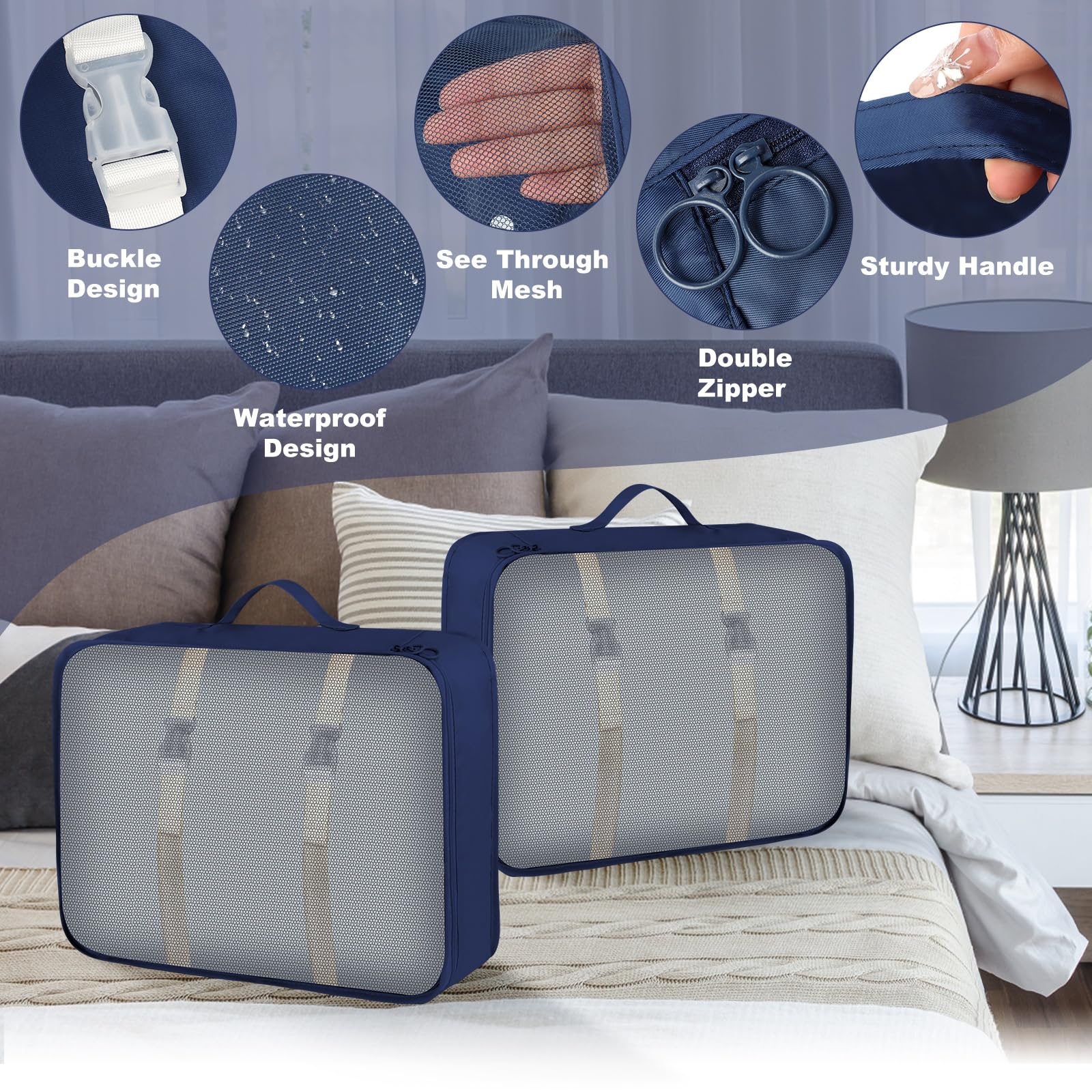Set di 7 organizer per valigie, borse, organizer per valigie, per vacanze e viaggi, cubi da viaggio (blu scuro)