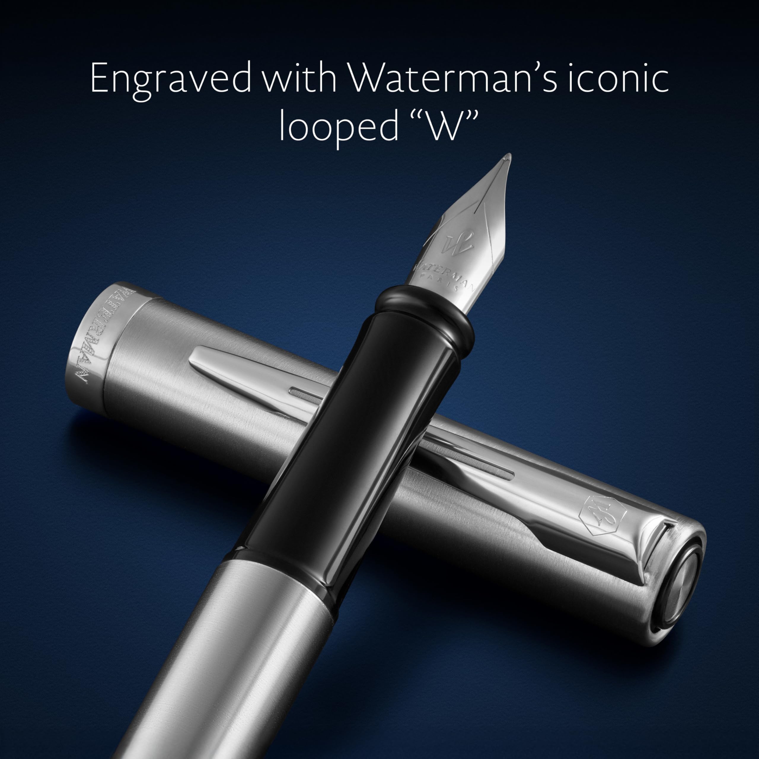 Waterman Impression Fountain Pen | Stainless Steel with Chrome Trim | Fine Nib | Blue Ink | Gift Box - Image 4