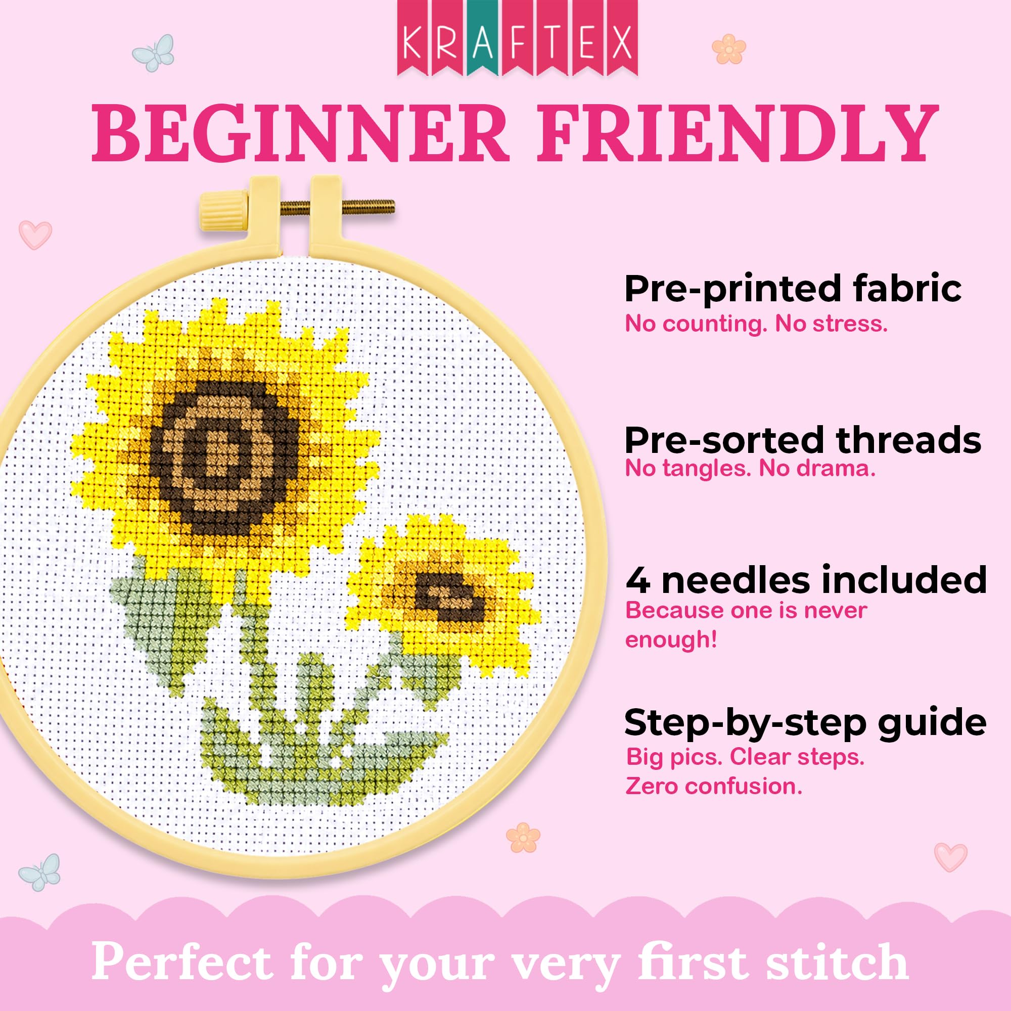 Beginner Cross Stitch Kits - Floral Designs -4 Beginner Cross Stitch Kits - Floral Designs -4