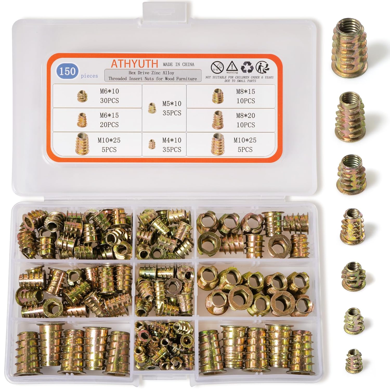 ATHYUTH Threaded Inserts for Wood, 150 Pieces Zinc Alloy Thread Insert