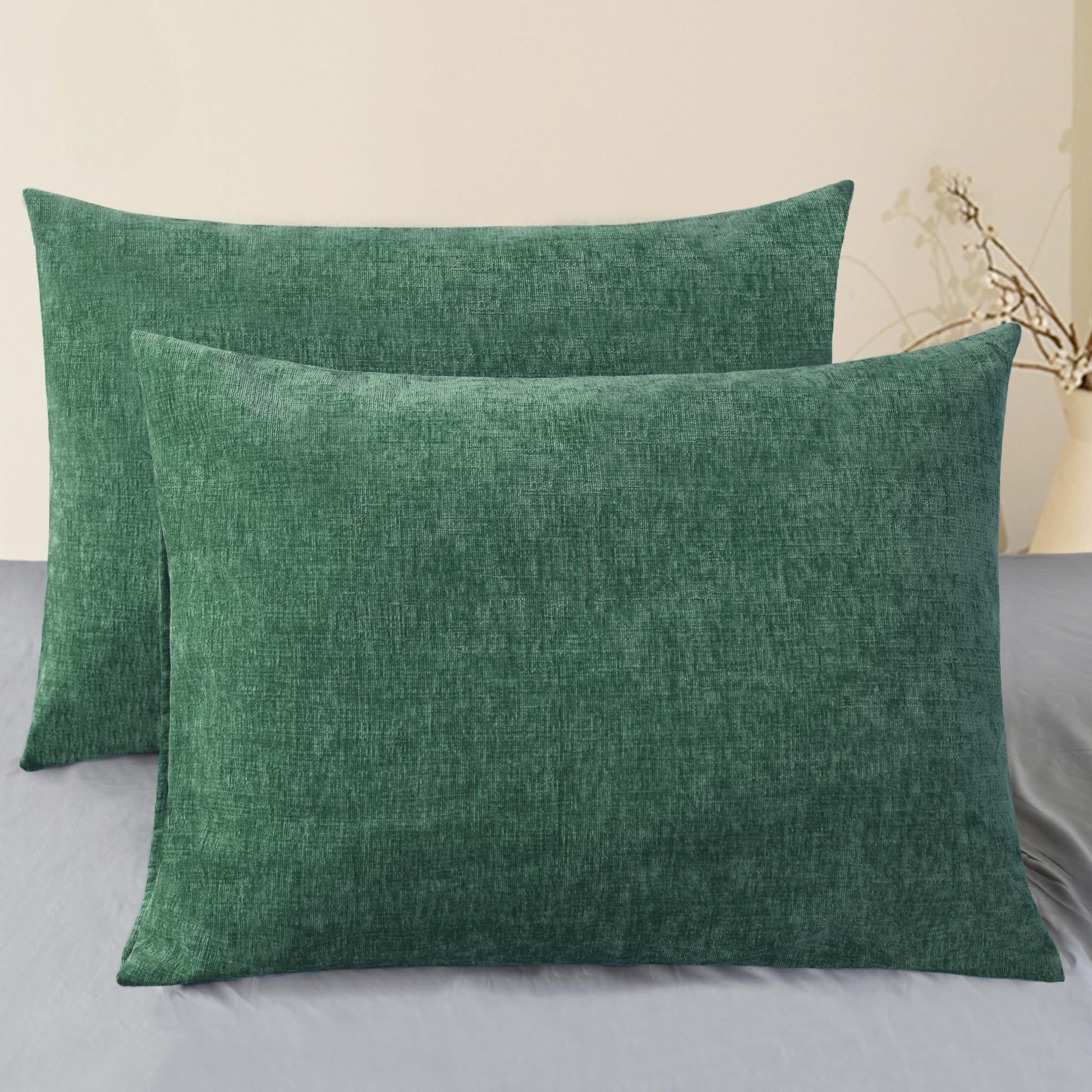 CaliTime Pack of 4 Cozy Throw Pillow Covers Cases for Couch Sofa Home Decoration Solid Dyed Soft Chenille 50cm X 66cm Dark Green
