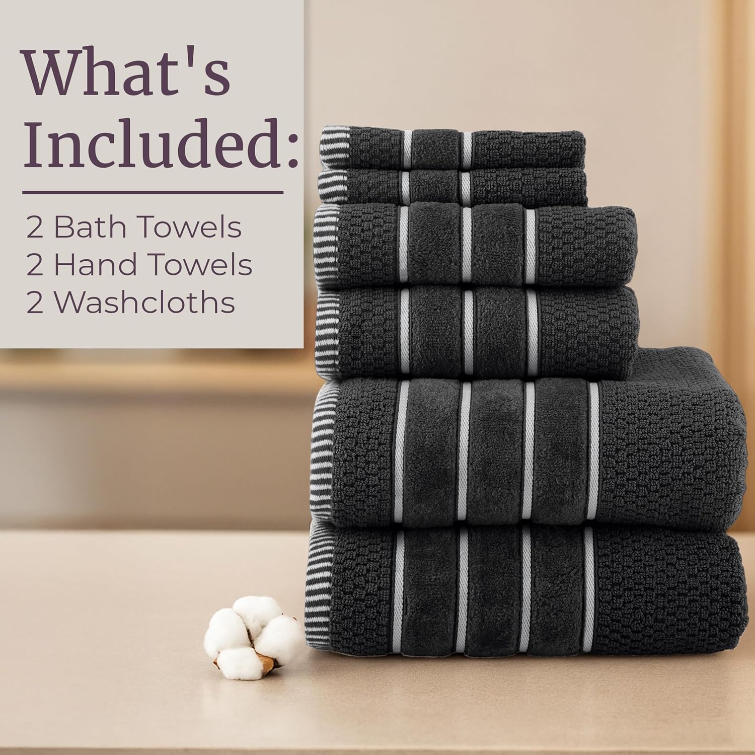 Luxury Cotton Towel Set - Rice Weave 100% Egyptian Cotton 6 Piece Set with 2 Bath Towels, 2 Hand Towels and 2 Washcloths - Black