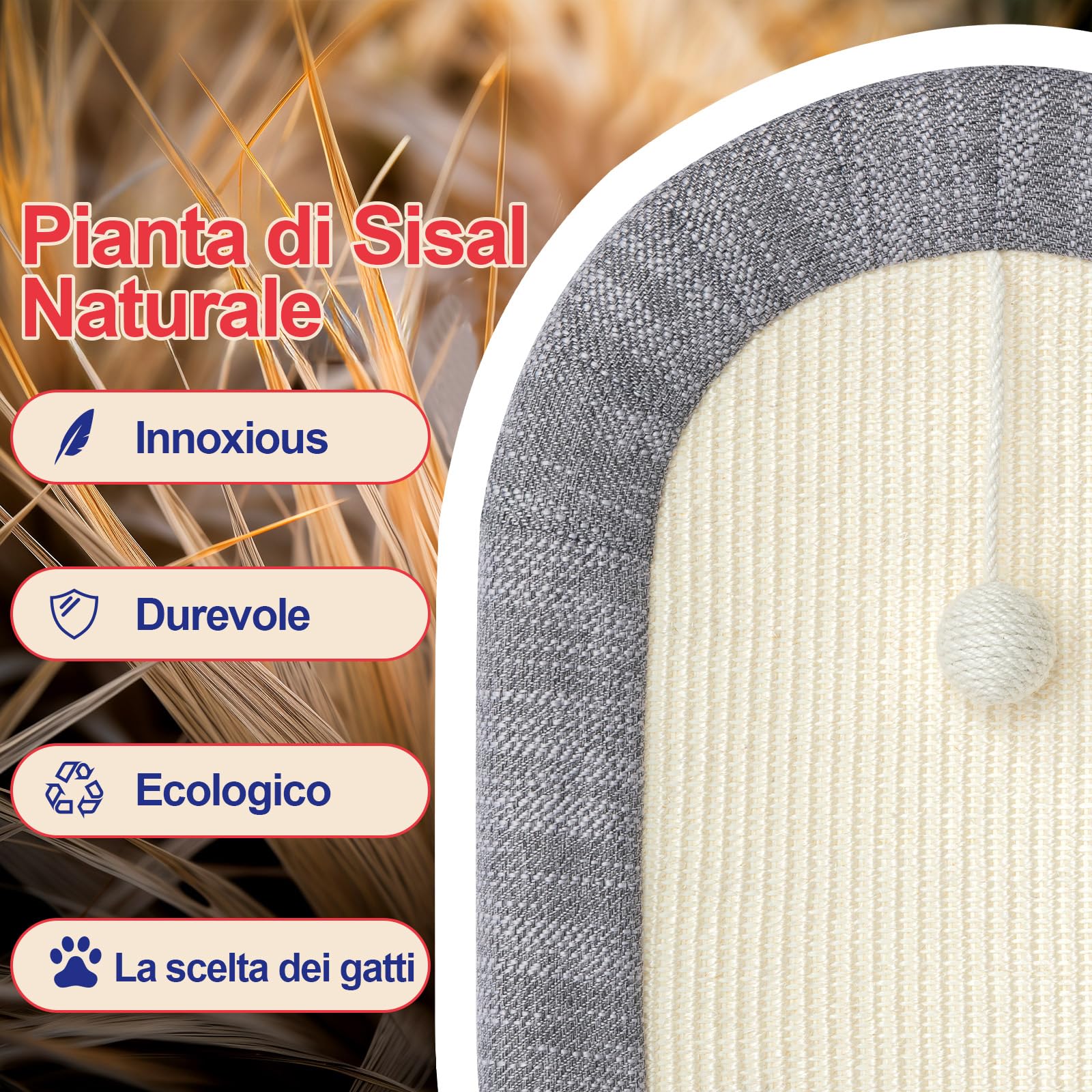 Jiupety Tiragraffi Ovale per Gatti in Sisal, 61CM Tiragraffi Gatto Adatto A Gatti Fino A 9 KG di Peso, Cuccia Gatto 3 in 1, Grey