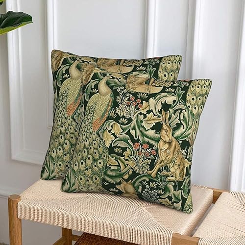 Miniatura 5 de Juego de 2 fundas de almohada de 18 x 18 pulgadas, diseño de animales del bosque verde William, estampado de zorro, liebre morris, para dormitorio,