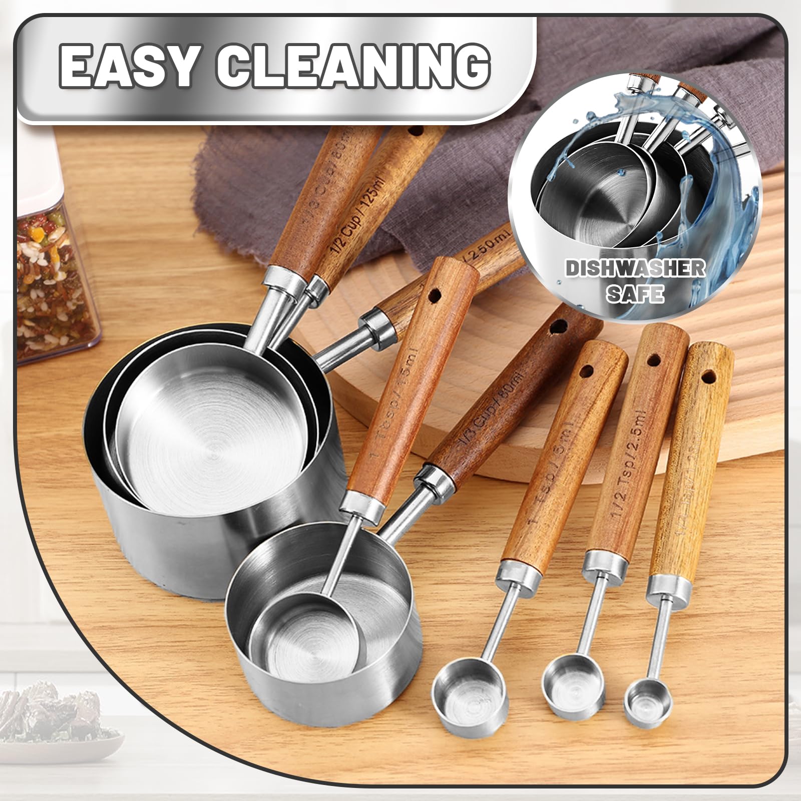 Set di 8 misurini e cucchiai con manico in legno (argento8)