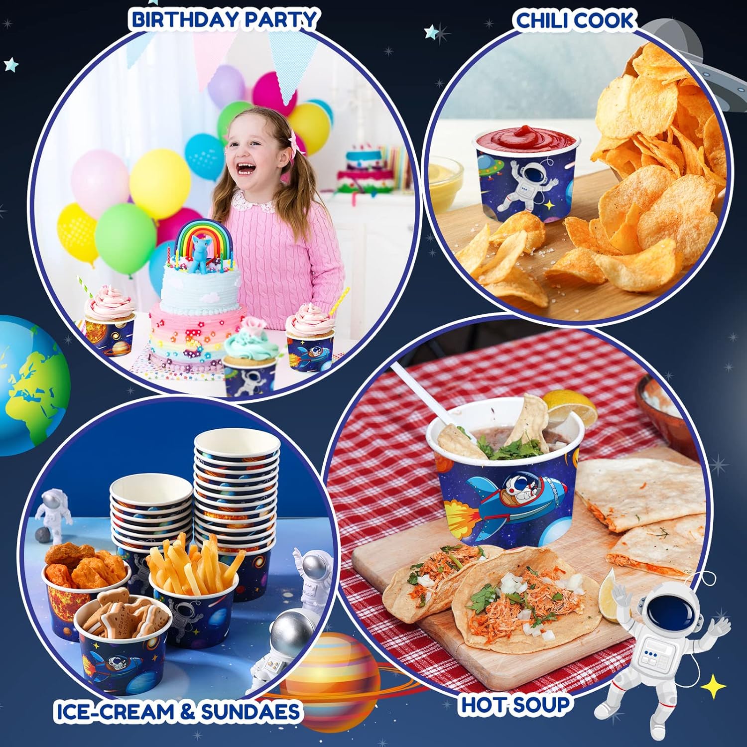 Didaey 150 Pieces Space Party Supplies Galaxy Ice Cream Paper Cups Disposable Snack Bowls Paper Dessert Soup Bowls for Hot or Cold Food, Kids Solar System Theme Party Baby Shower Decoration, 8 oz
