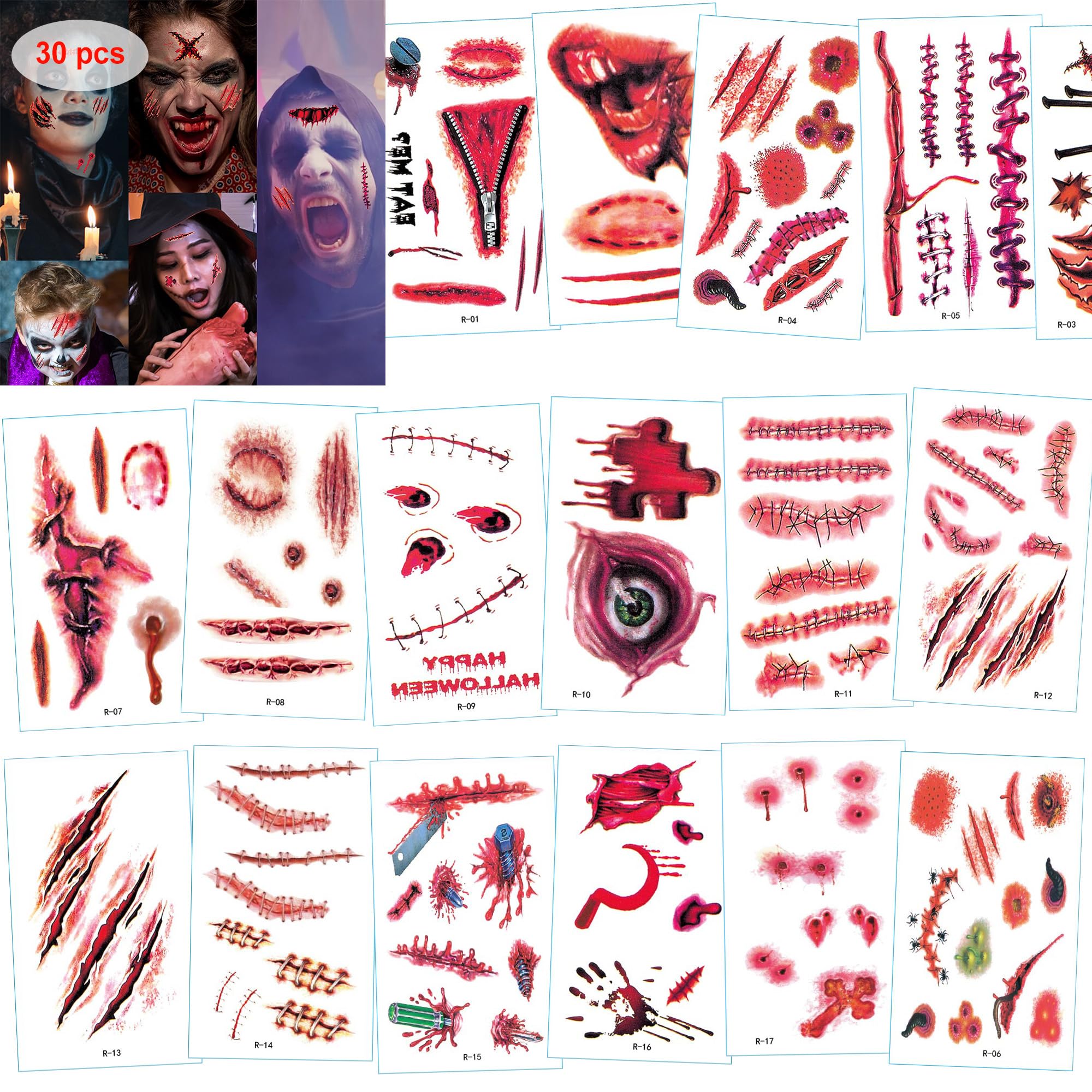 208 Pcs Halloween Scar Temporary Tattoos for Kids， Halloween Assorted Treat or Trick Halloween Fake Tattoo Stickers for Boys Girls Goody Bag Stuffers Prizes Party Favors
