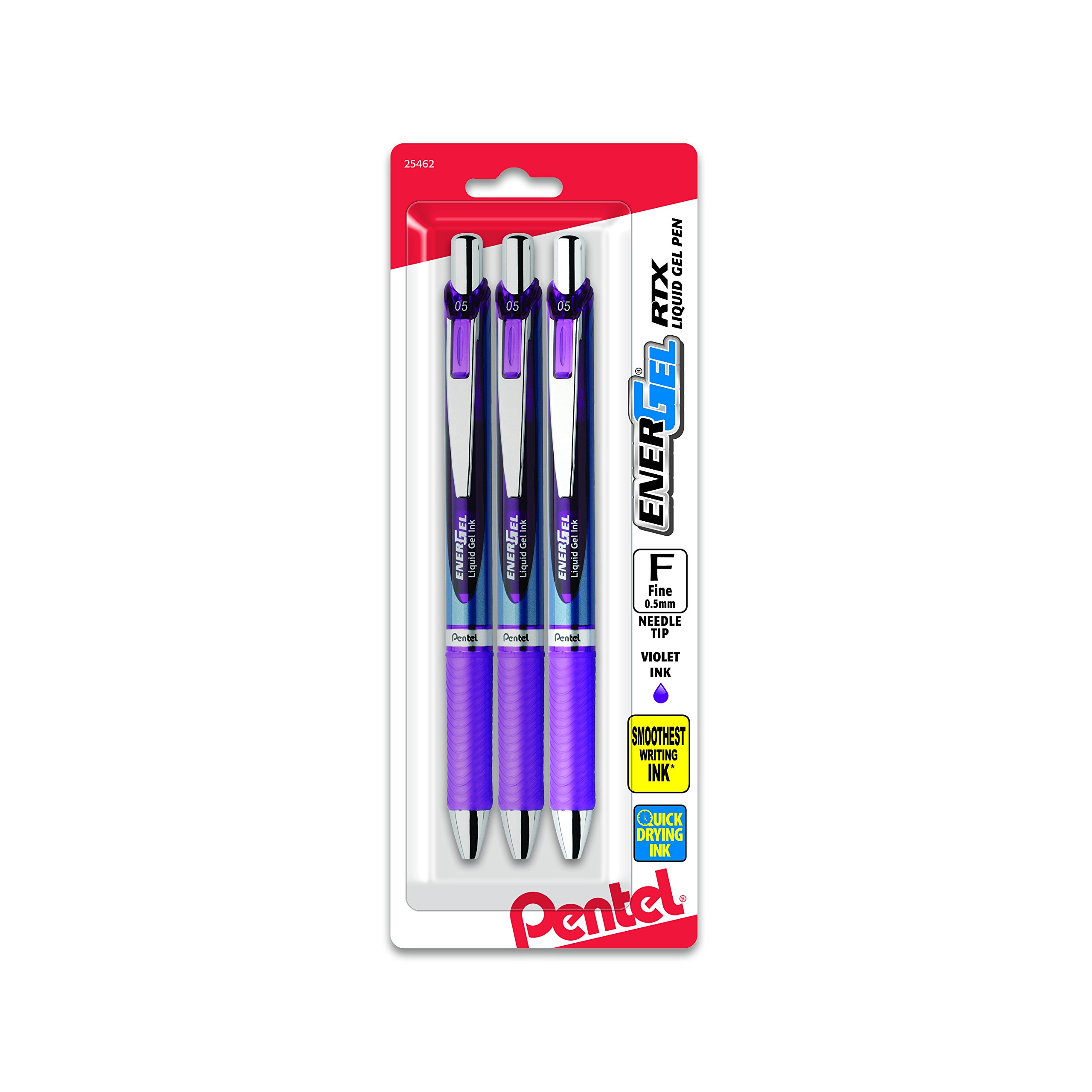 Pentel EnerGel RTX Retractable Liquid Gel Pen (0.5mm) Needle Tip, Fine Line, Violet Ink 3-Pk (BLN75BP3V)