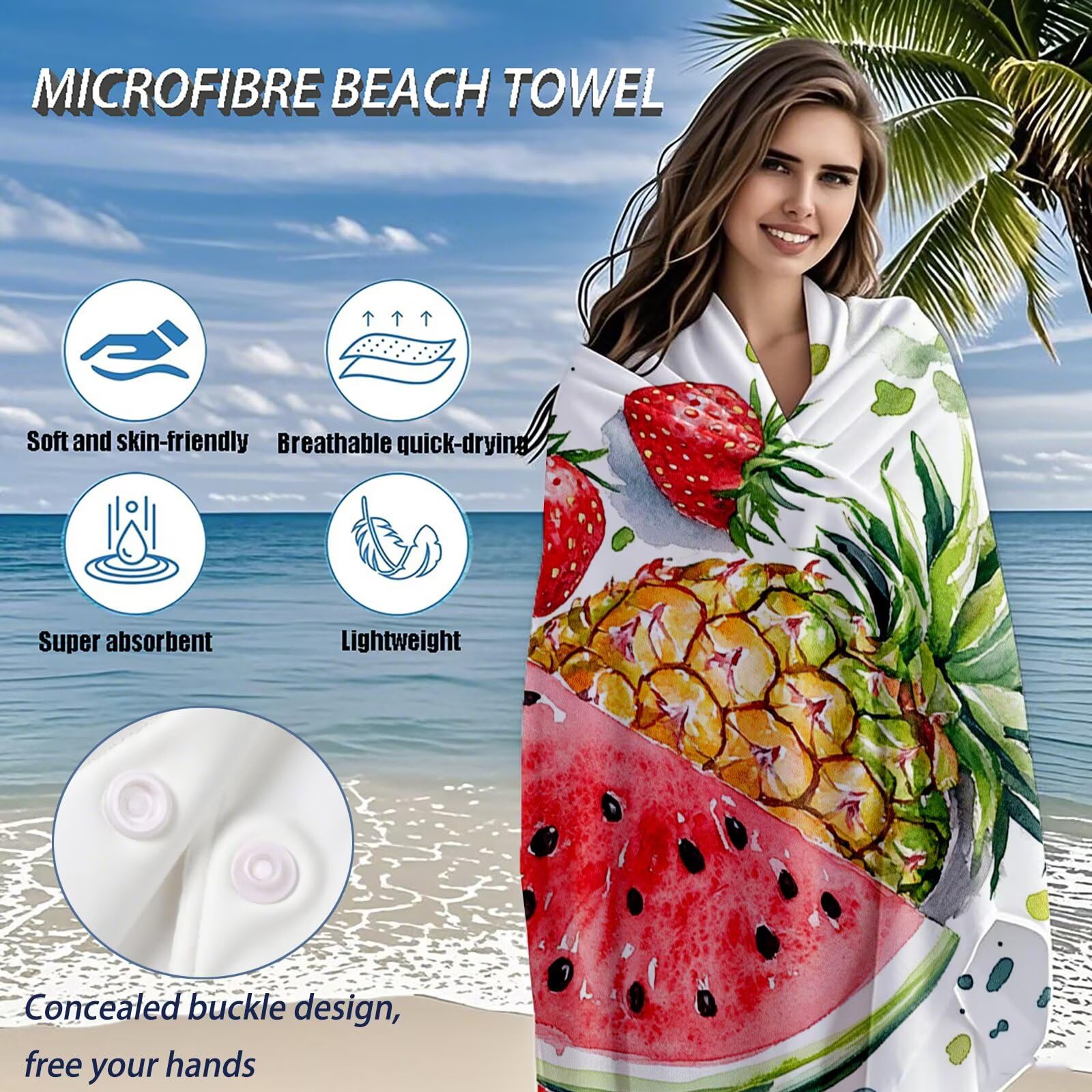 Serviette de Plage Microfibre Serviette Plage 80x180 2 Pack Séchage Rapide, Anti-Sable, Absorbante Fonction Drap de Plage XXL pour Bain, Sport, Voyages, Sauna, Piscine, Yoga, avec Sac Pastèque Q-804