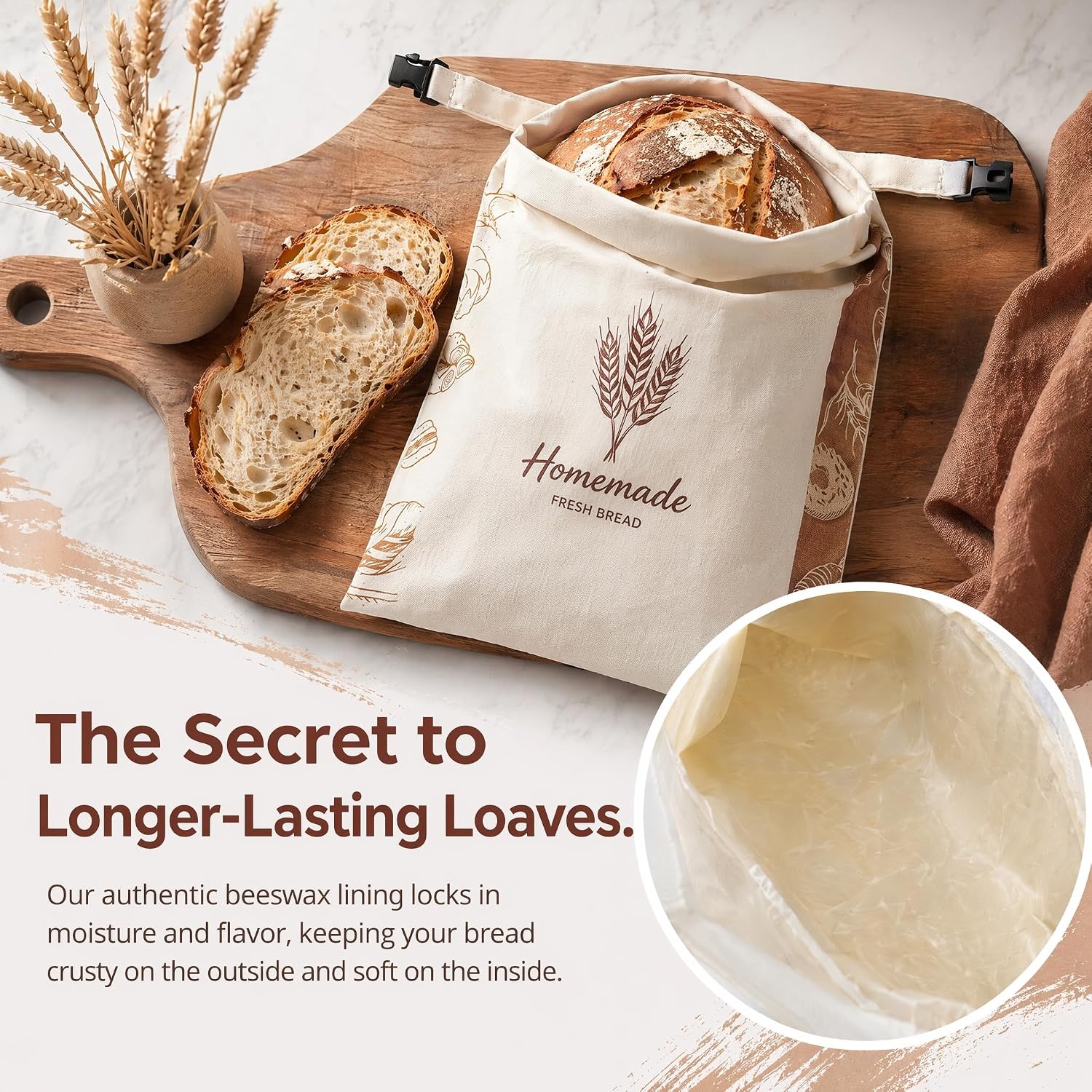 2 Pack Beeswax Bread Bags for Sourdough, Reusable Organic Linen Cotton Bread Storage Bag with Removable Wax Liner, XL 17x13 Inches, Easy Clean & Keep Fresh for Homemade Bread (Wheat（2pack）)