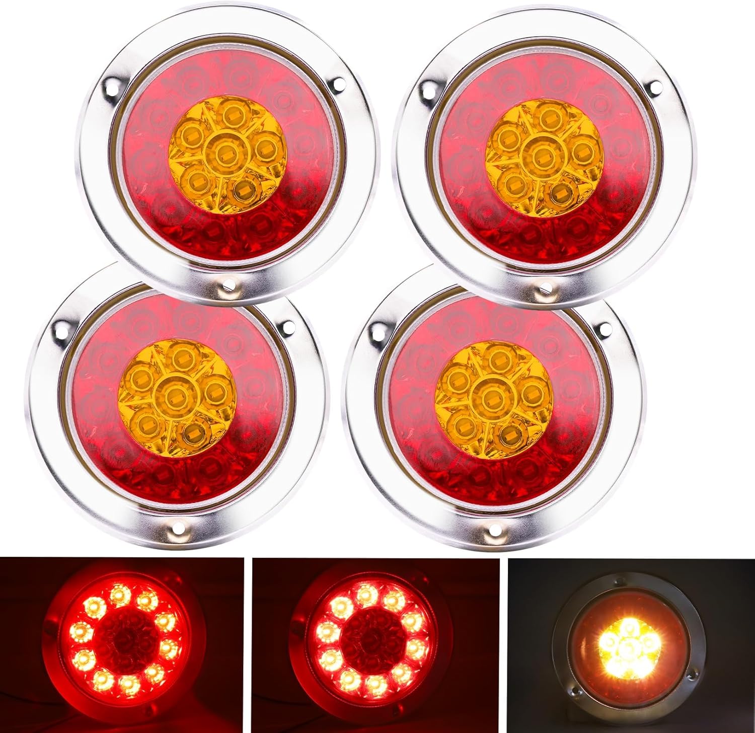 4" Round Trailer tail lights Yellow Red, DC 12V Chrome Stainless Steel Chrome Bezel Waterproof Stop Turn Tail Brake Tail Reverse Backup Lamps for Carbin Bus Dump RV Trailer Trucks Surface Mount 4Pcs