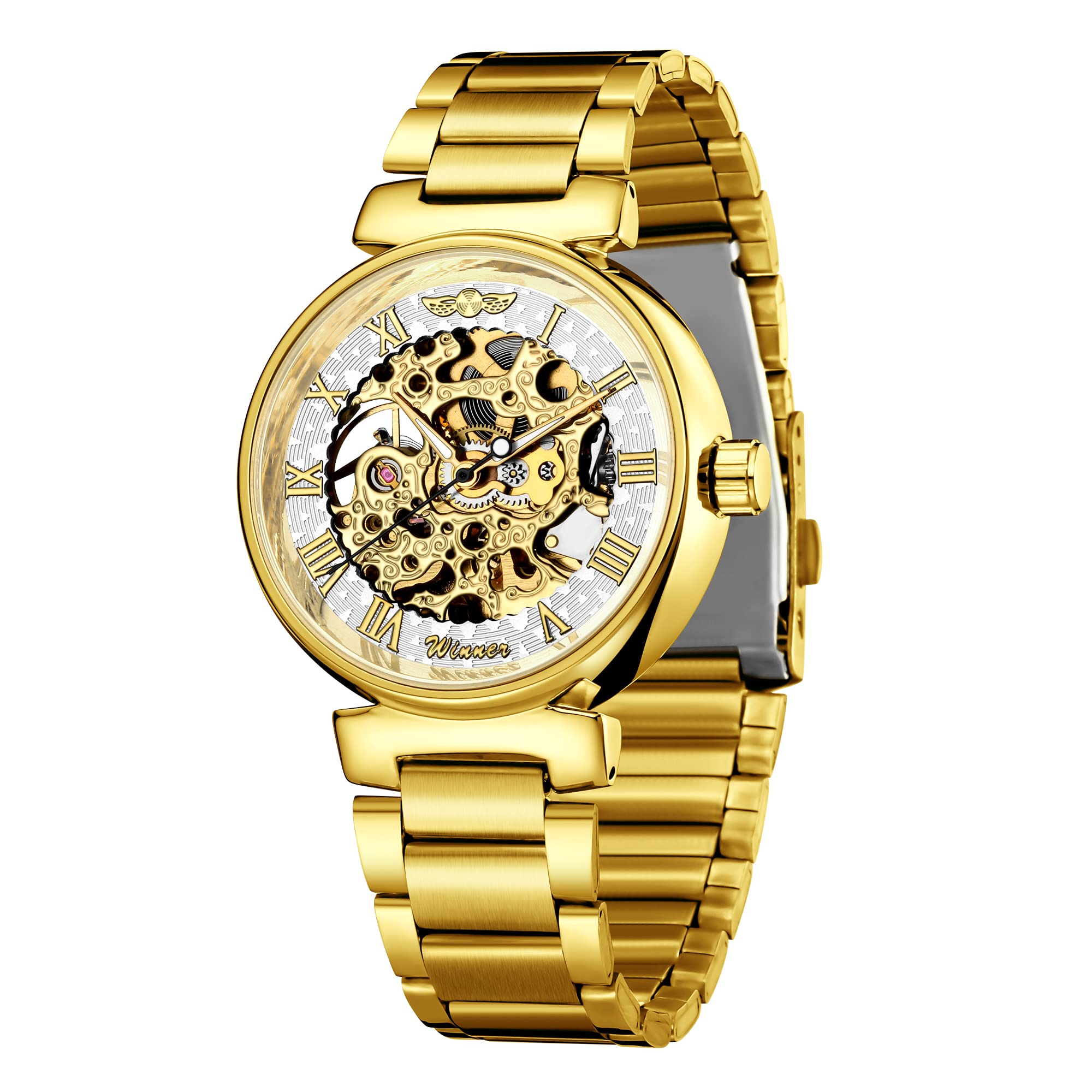 carlien Skeleton Automatic Steampunk Watches Gold-Tone Luminous Hands Leather Strap Wrist-Watch