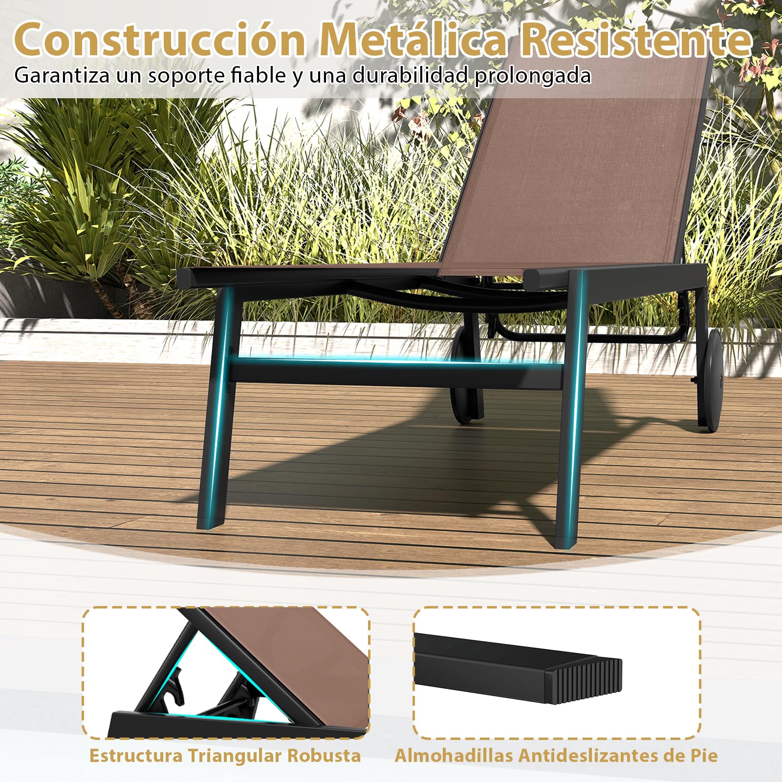 COSTWAY 1/2 Tumbonas Jardin Exterior con Ruedas, Tumbona Reclinable, Respaldo Ajustable en 6 Posiciones, Textilene, Espreguiçadeira Jardim Piscina Terraza Playa (café,2)