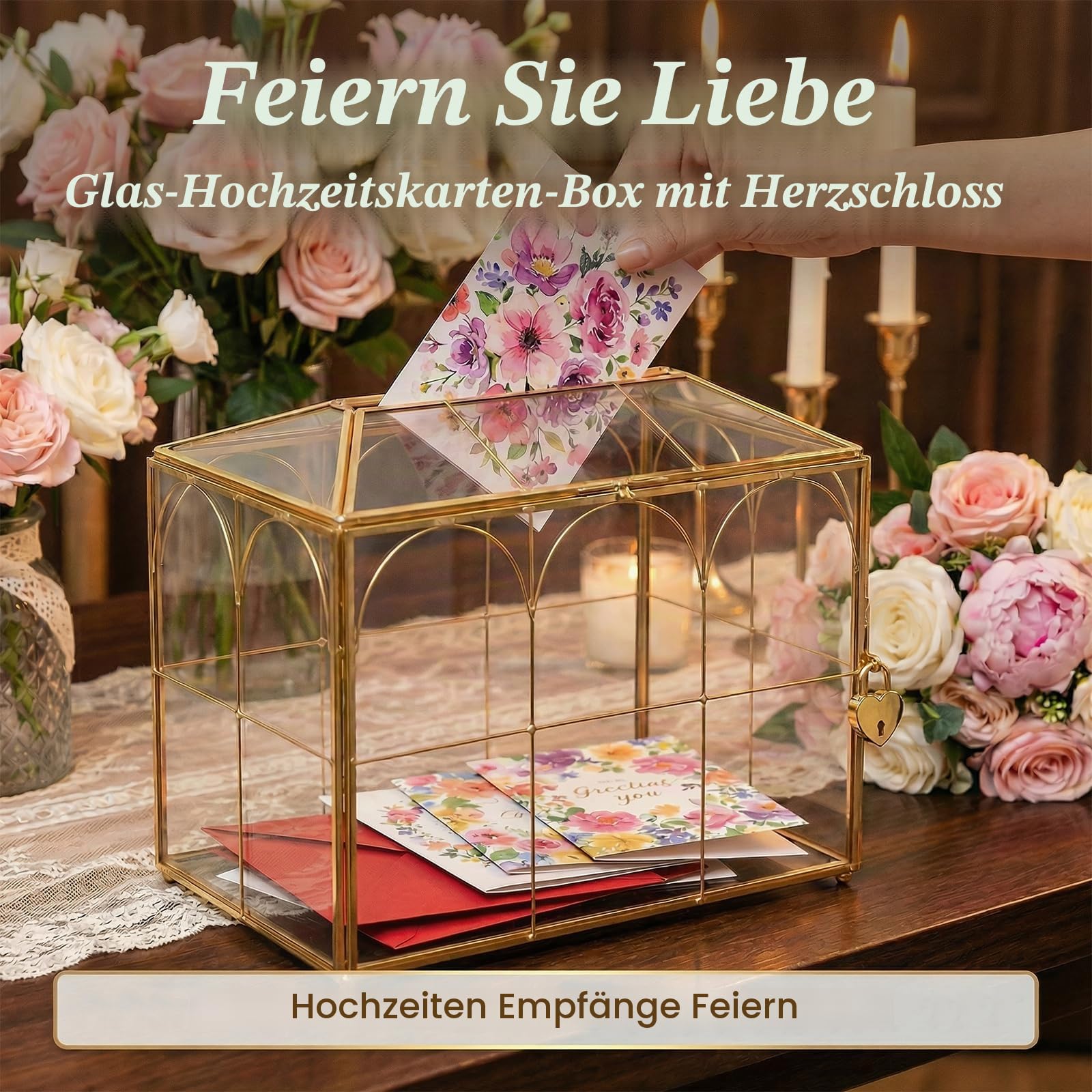 Kartenbox Hochzeit Glas Gold mit Herzschloss Schlüssel Deko | Große Transparente Glasbox für Geldgeschenke Briefe Geburtstag Feiern Postbox Vintage Messing Behaelter 26x15x21 cm Schatulle