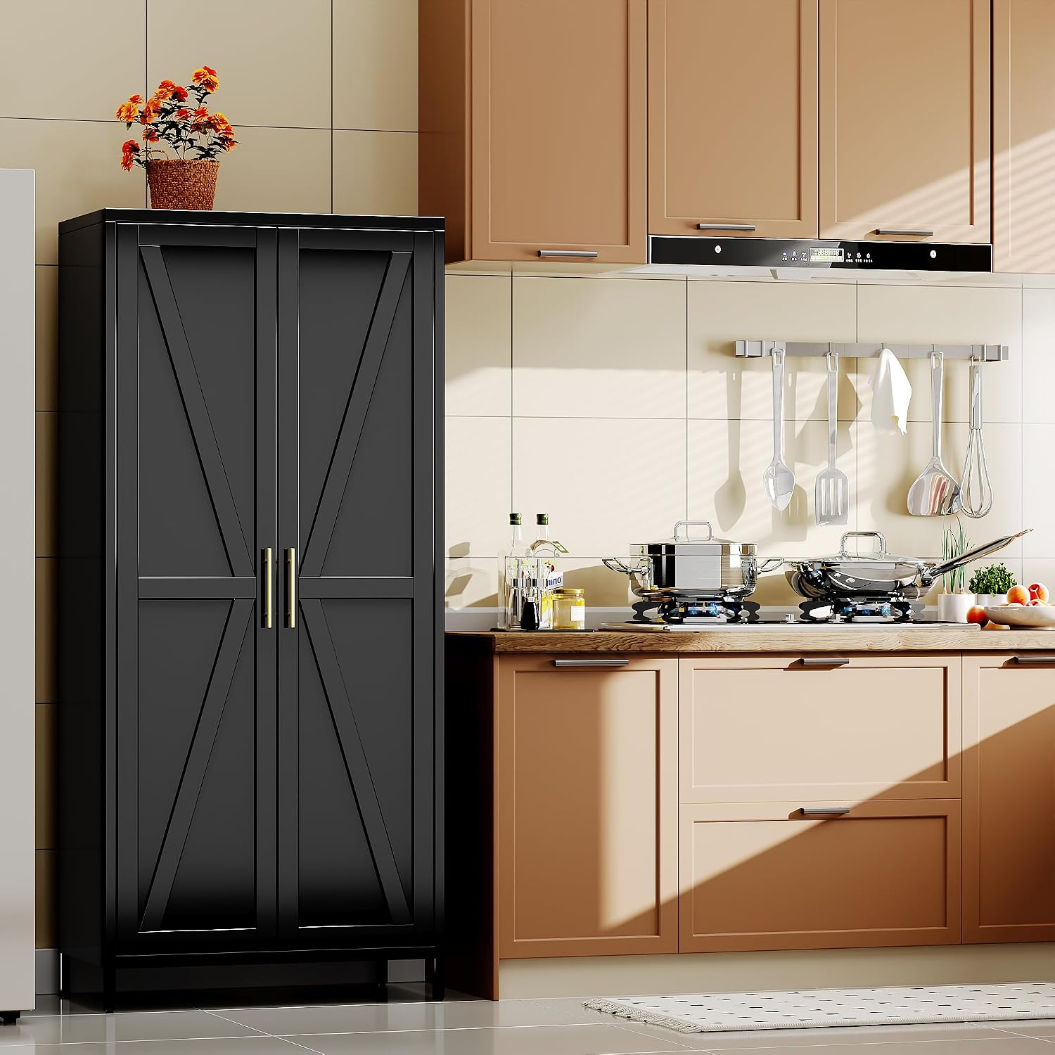 Metal Wardrobe Cabinet with Hanging Rod,Metal Wardrobe Closet with Doors and Adjustable Shelves, Armoire Closet for Home,H70.9 X W31.5 X D17.7,Installation Required,Black