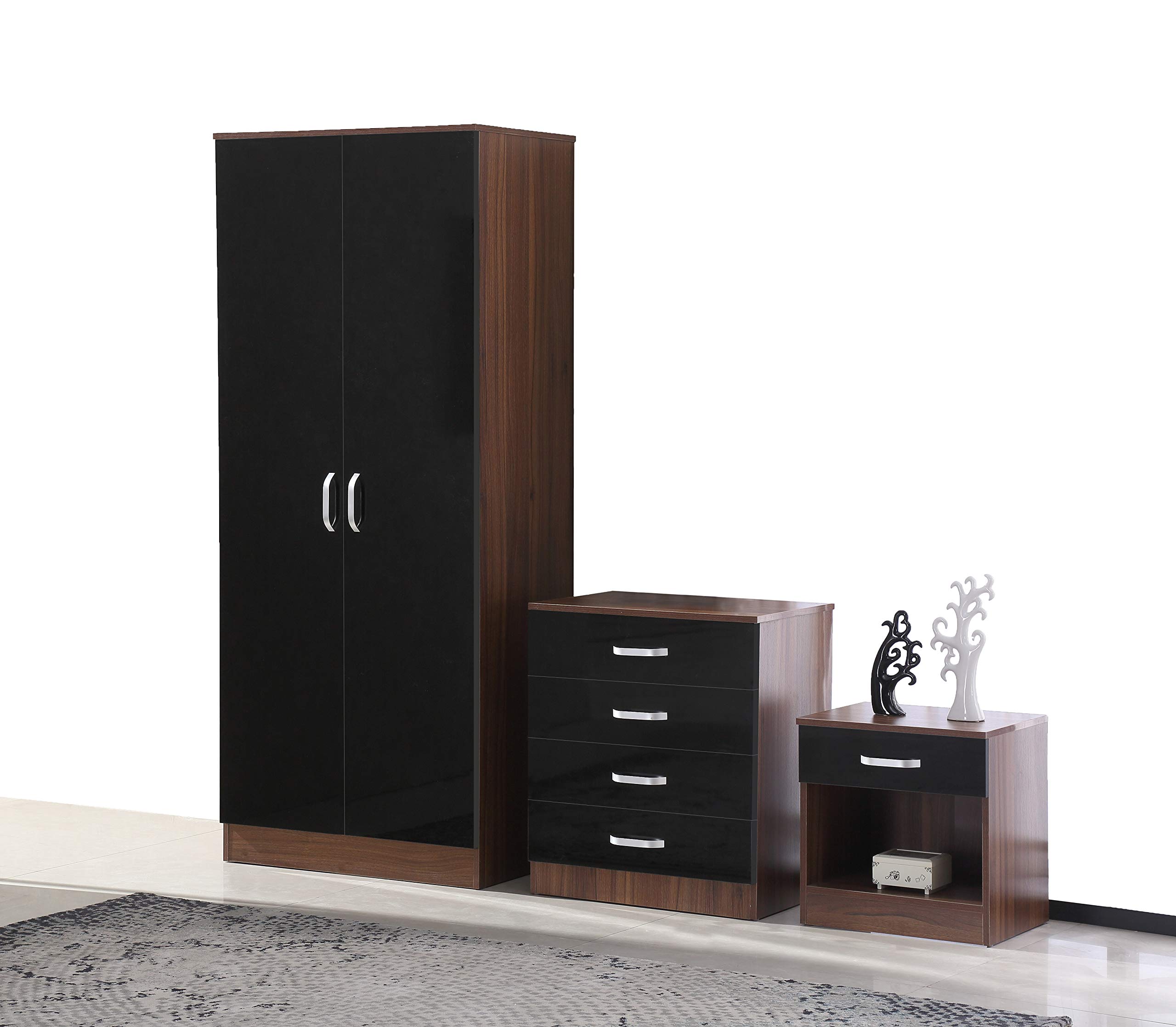 AFN Home Gladini High Gloss 3 Piece Bedroom Furniture Set - Includes Wardrobe, 4 Drawer Chest, Bedside Cabinet (Black/Walnut)