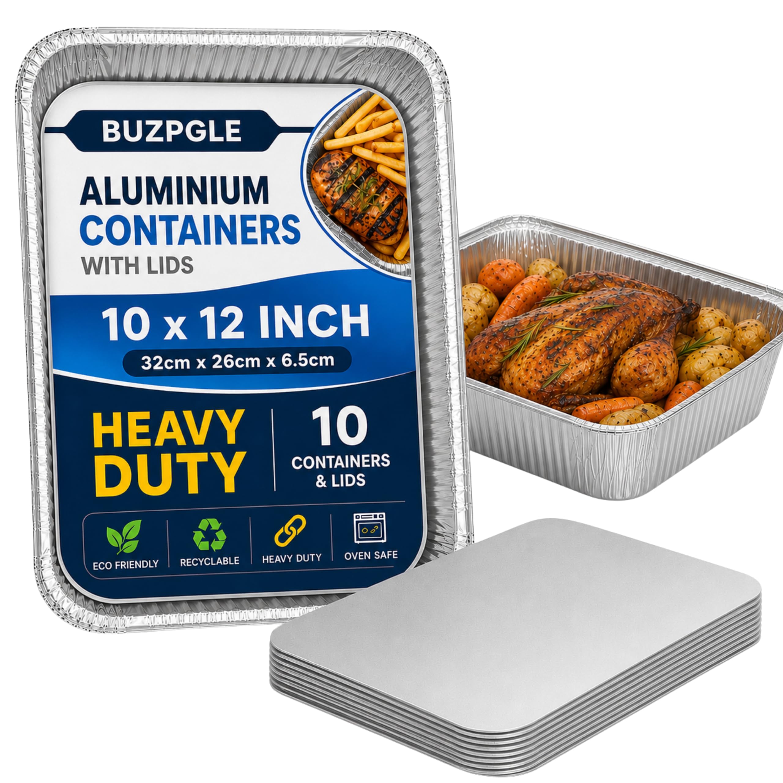 BUZPGLE 10 Pack Large Takeaway Containers with Lids 12x10x2.5 Inch Aluminium Foil Trays for Catering, Parties & Buffets, Oven Safe Sandwich Platter Trays, Freezer to Oven