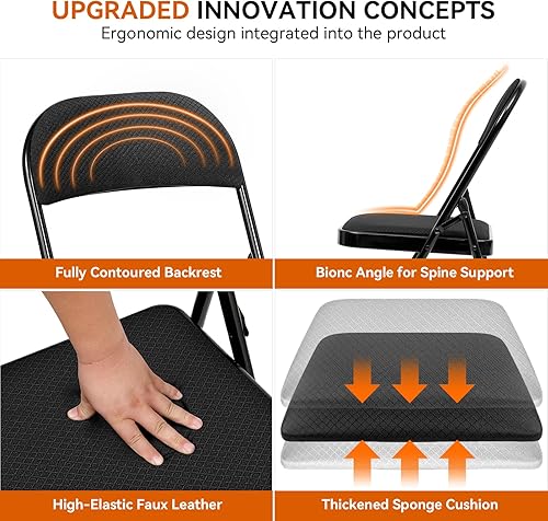 Miniatura 5 de Sillas plegables con asientos acolchados, paquete de 4 sillas plegables acolchadas de metal negro con marco de acero para eventos, oficina, boda,