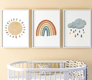 Eviepops Prints Sonnenschein Regenbogen Set aus 3 Ungerahmter Druck, Kinderzimmer-Wandkunst, Kunst im Boho-Stil, Dekor im Babyzimmer, Unisex-Dekor, Spielzimmer-Poster, Regenwolke (A3)