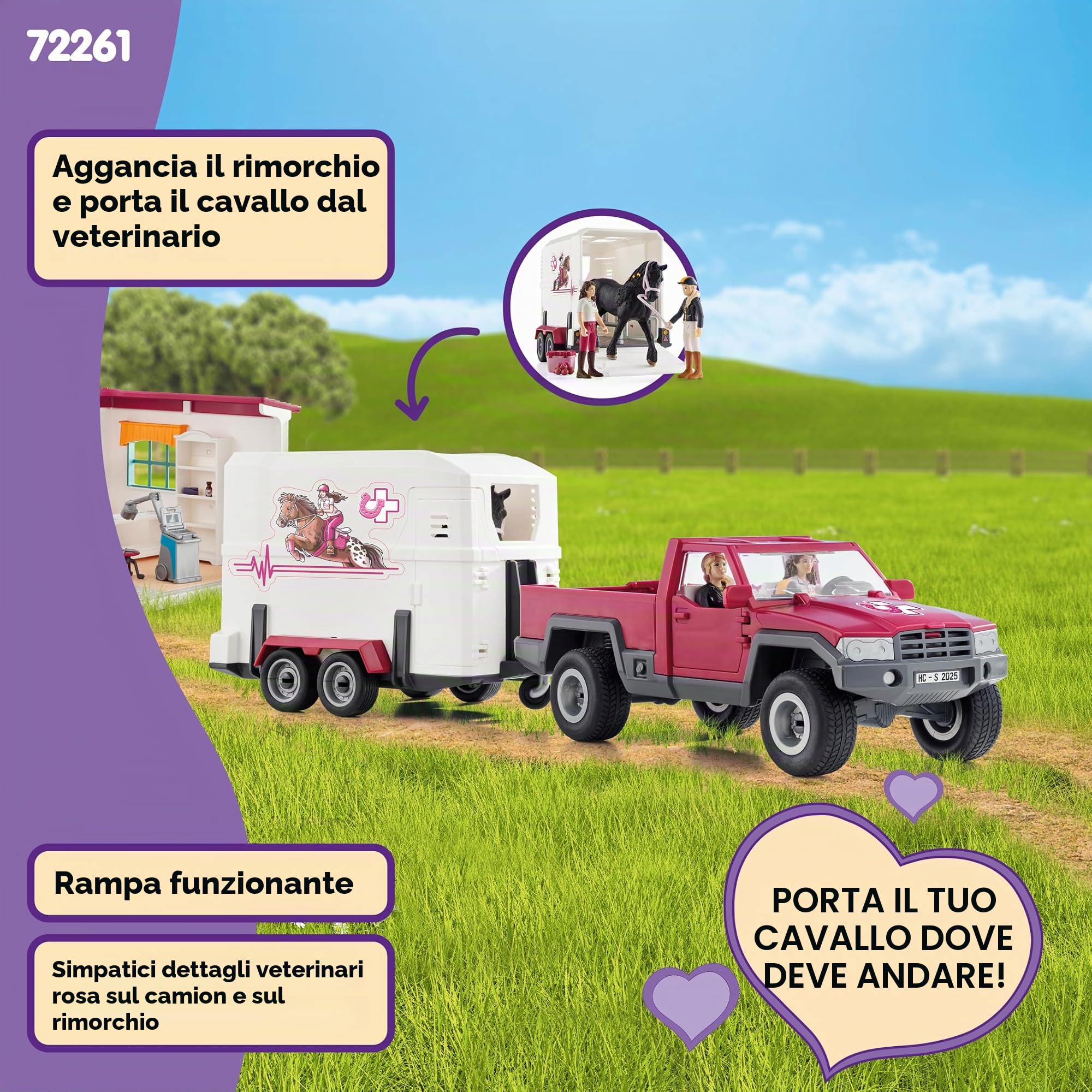 Schleich Horse Club | Visita dal Veterinario 72261 | dai 5 Anni | 61 Pezzi | Set con casa, pick-up, rimorchio, 2 figure snodabili, cavallo e accessori | Regalo per bambini dai 5 anni | Set da 61 pezzi