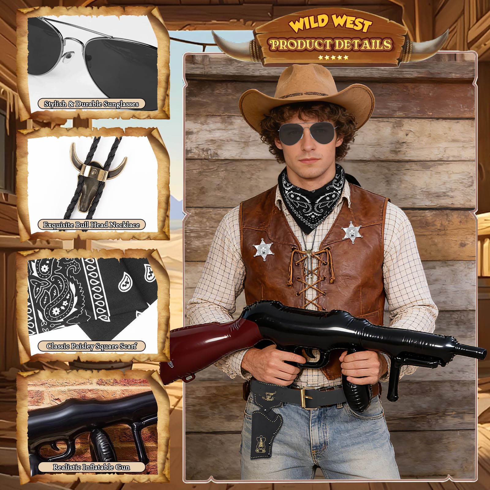 9Pcs Cowboy Costume Accessories, Wild West Cowboy Fancy Dress with Necklace Holster Sunglasses Inflatable Prop Holster Bag Sheriff Badges Belt Western Outfit Kits for Women Men Cosplay Hen Do Party - Image 4