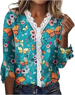 T Shirts for Women 2023 Fall Flutter 3/4 Sleeved Lace V Neck Pullovers Casual Blouse Loose Fit Casual Print Tops