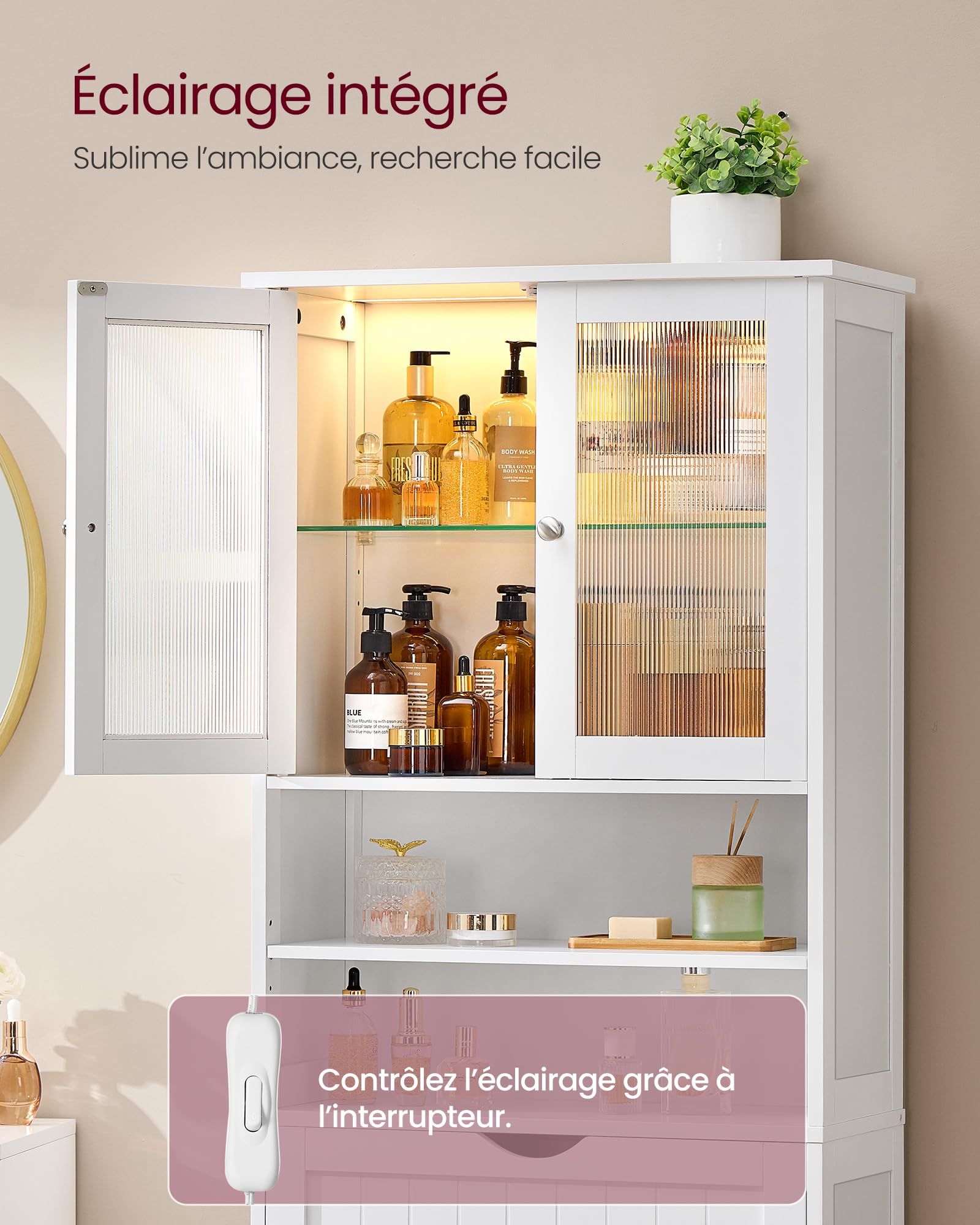 VASAGLE Meuble de Rangement avec Éclairage, Armoire de Salle de Bain, avec Étagères Réglables, Tiroir, Compartiments Ouverts, pour Salle de Bain, Salon, Salle à Manger, Blanc Nuage BBC767W03
