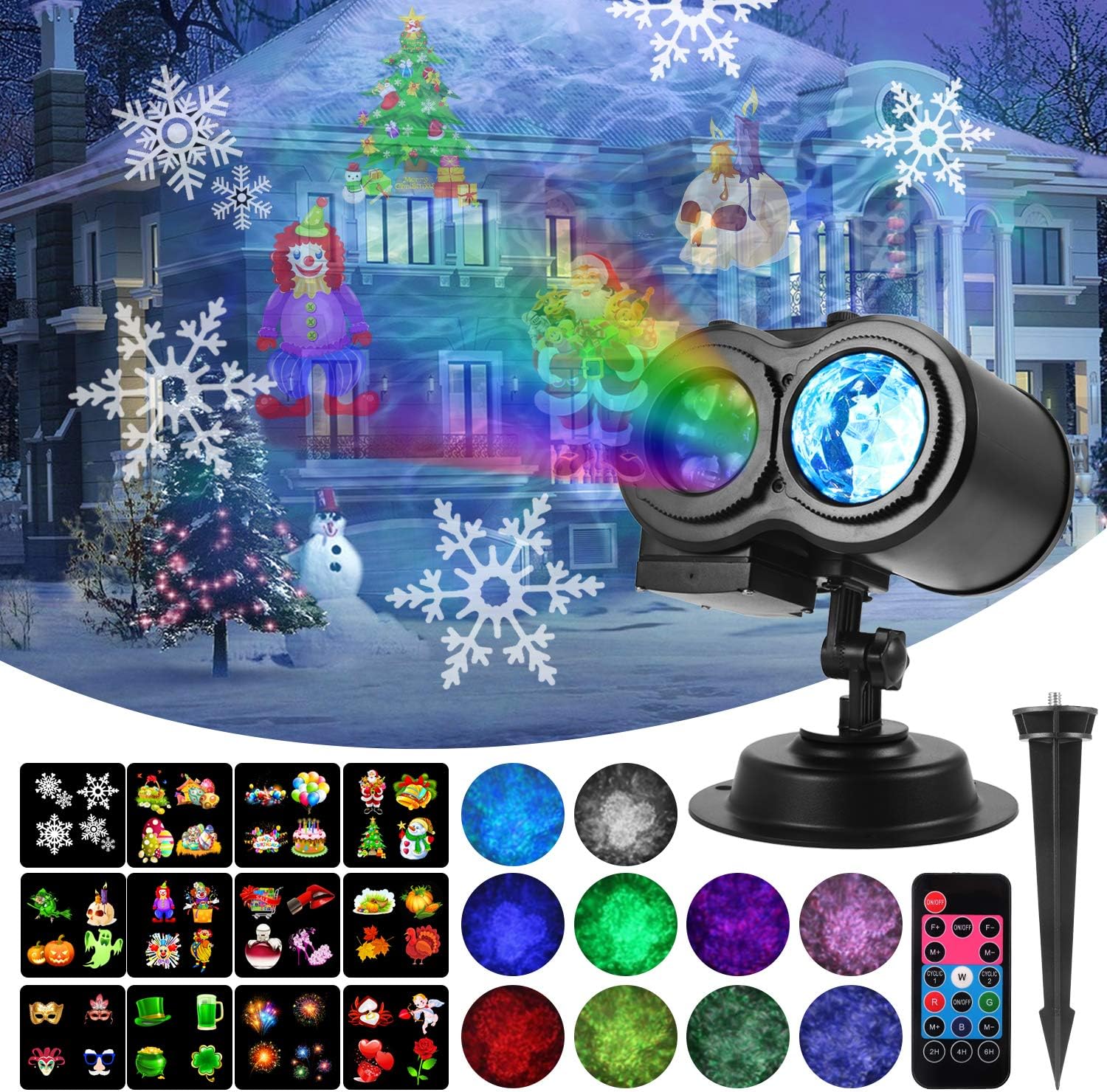 Ocean Wave Projector Lights, KINGWILL 2-in-1 Wave Light Projector with 12 Slides Moving Patterns, Waterproof Indoor Outdoor Holiday Projector with Remote Control for Halloween, Christmas, Party