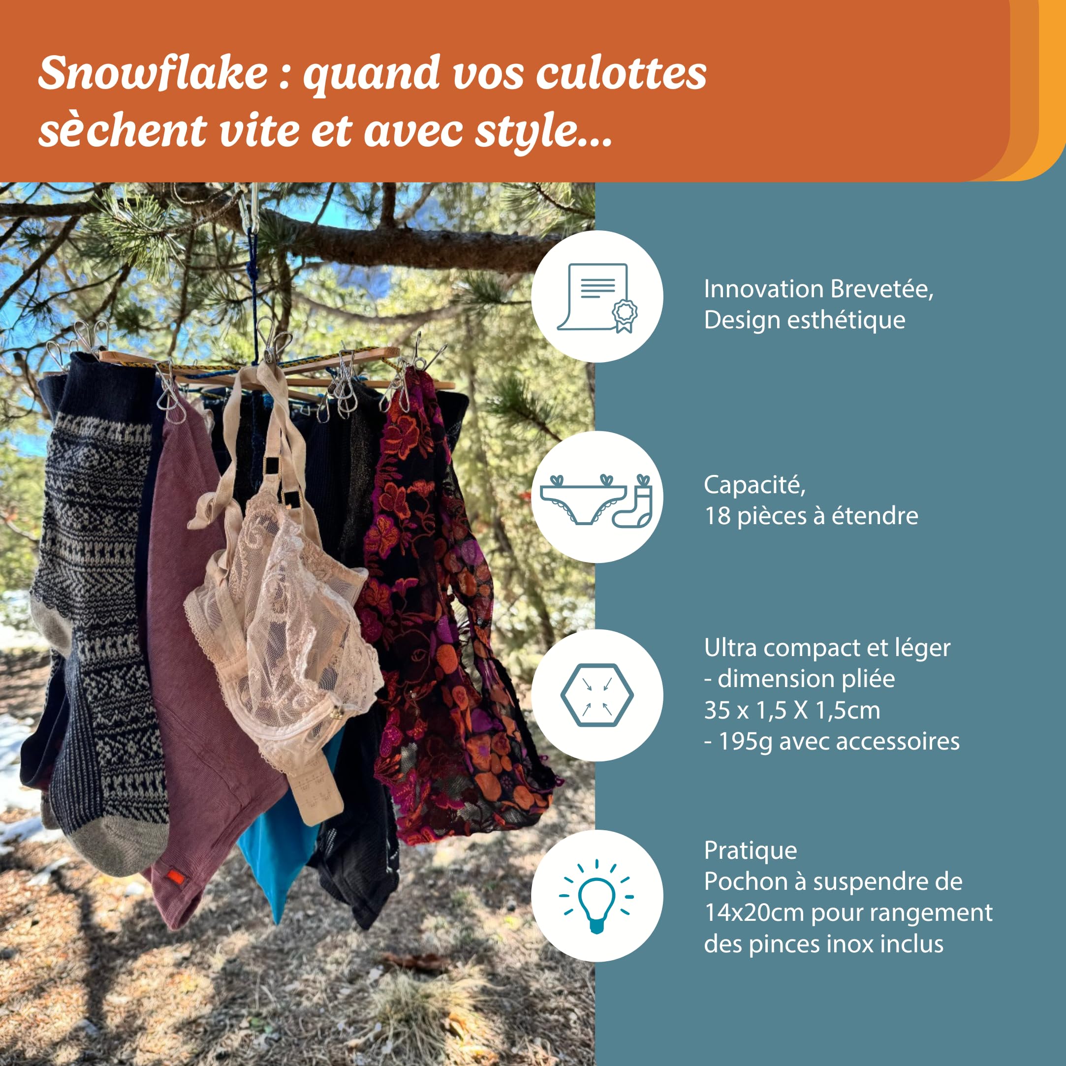 Etendoir a Linge Pliable + Corde a Linge Exterieur Intérieur 10M + Sac à Linge 50 x 40 cm, 20 Pinces à Linge INOX, 2 Attaches Arbre/Corde, 2 Crochets, 5 Mousquetons, Voyage Accessoires Made in France