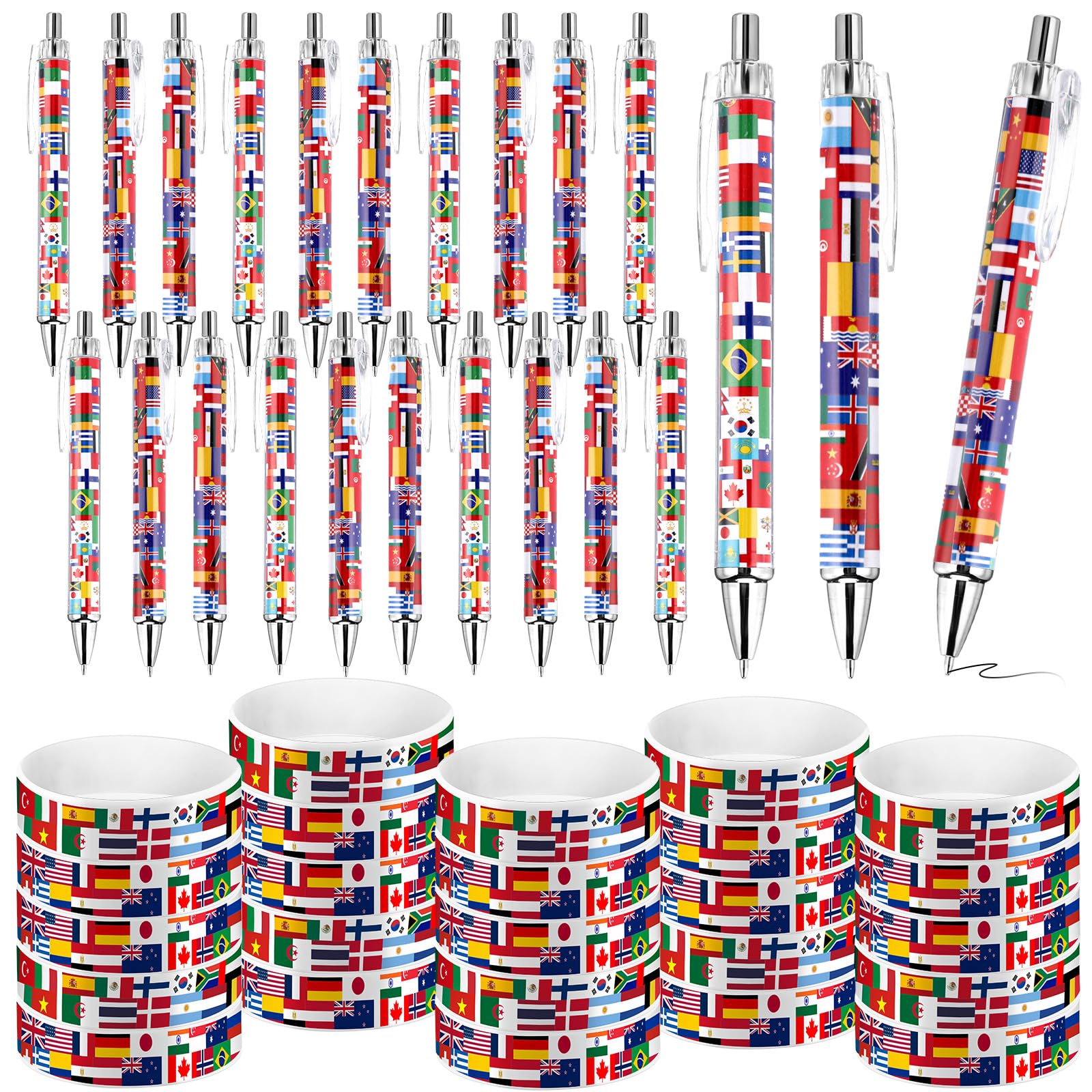 Sayglossy 144 Pcs Soccer National Flag Pens 2026 World Party Favors International Retractable Pens Country Flag Rubber Bracelets for Football Souvenir Around The World Decorations Multicultural Theme