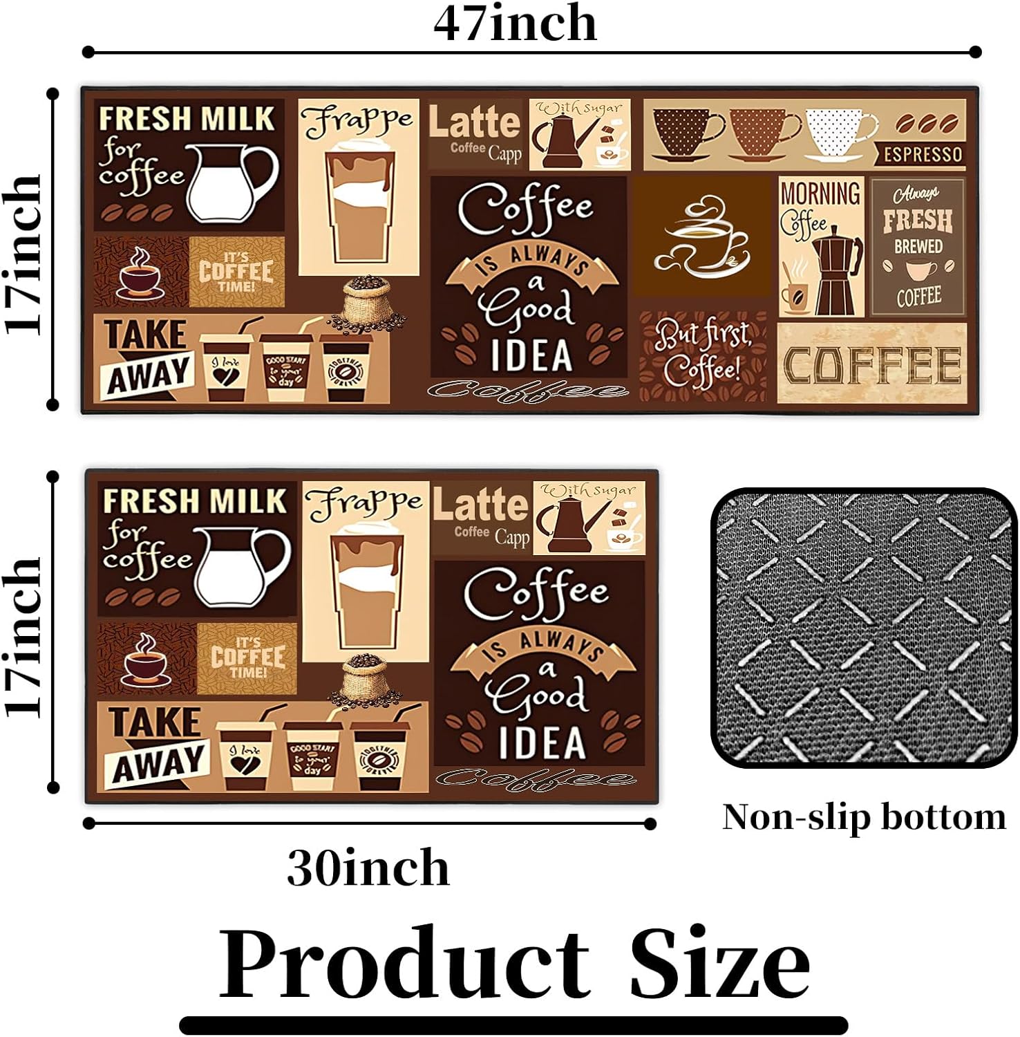 ACZHHZC Coffee Kitchen Rugs Set of 2, Farmhouse Home Kitchen Decor Floor Mats, Washable Non-Slip Sink Carpet 17"x47"+17"x30" Brown