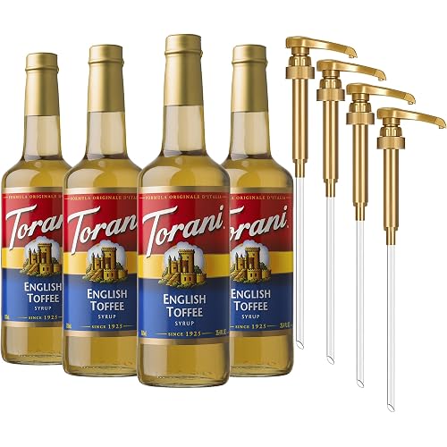 Torani Coffee Syrup, English Toffee Flavored Syrup for Drinks, Glass Bottle 4-Pack, Pumps Included, 25.4 Fl Oz Ea