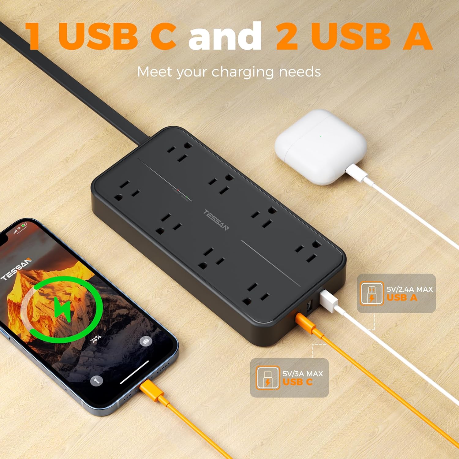 TESSAN Power Strip Surge Protector, 5FT Flat Plug Extension Cord with 8 Outlets 3 USB Charger(1 USB C), 2000 Joules Protection, Wall Mountable Charging Station for Home Office Dorm, Black