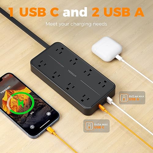 Miniatura 4 de TESSAN - Protector de sobretensiones de 2000J, cable de extensión de 5 pies con múltiples tomas de corriente plana, 3 USB (1 USB C) y 8 salidas de