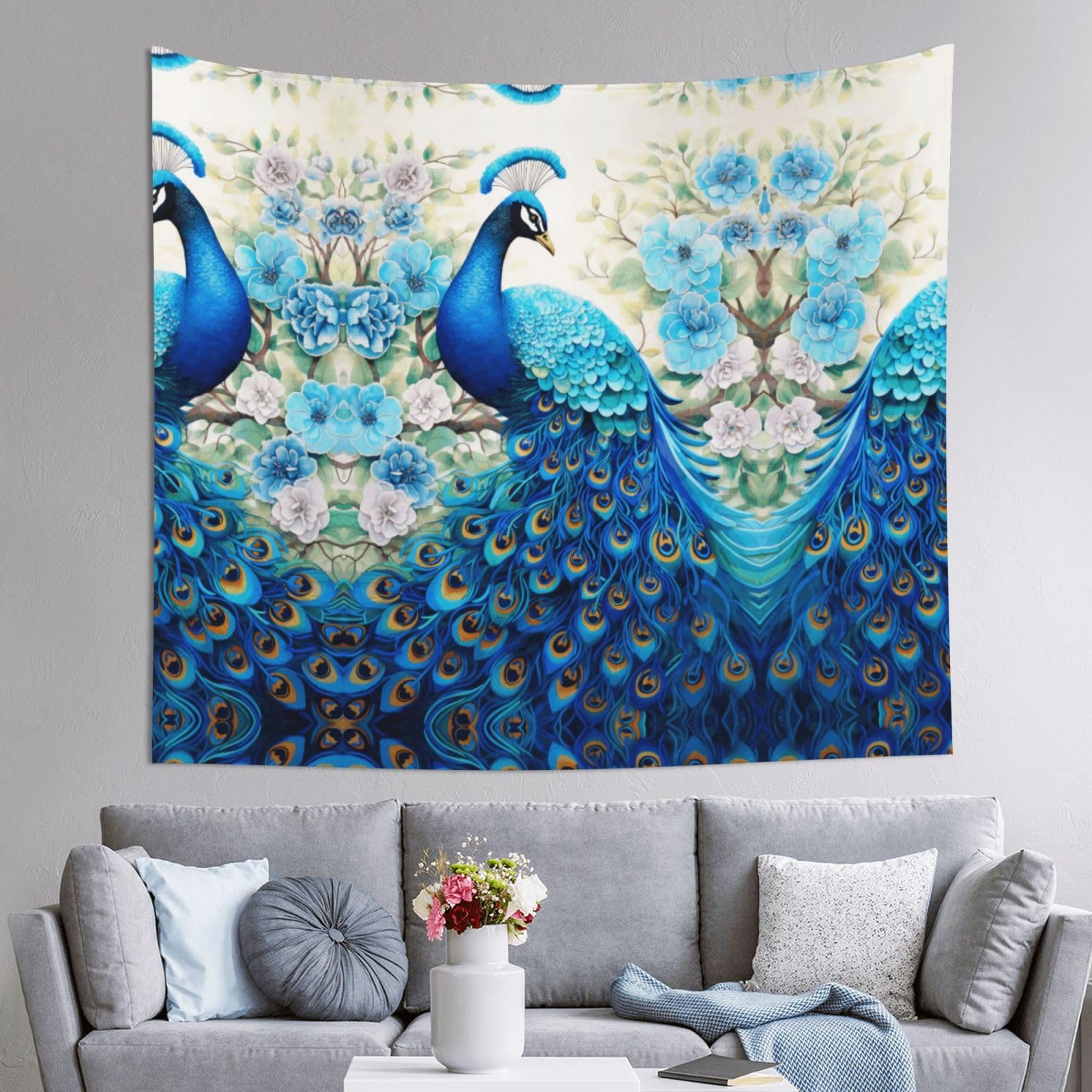 HLSBSSL 60x51in oriental blue peacock Printed Tapestry Tablecloth for Dormitory and Picnic Rooms - Multifunctional Fabric Hanging