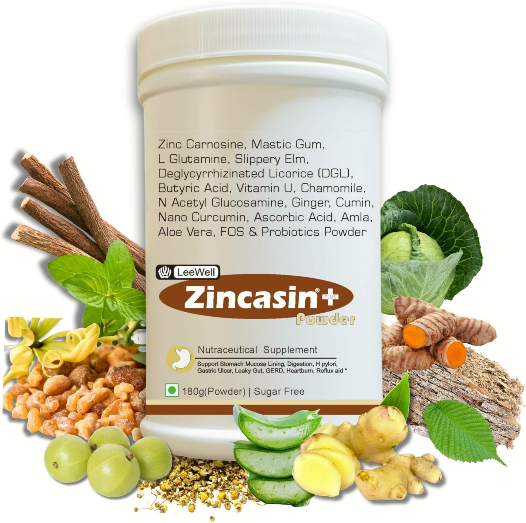Zincasin® +Plus Powder Advanced Gut Health Supplement | Leaky Gut Care, Acid Reflux, Stomach Ulcer, Gastric Mucosa Lining Protection | H Pylori & Digestive tract health | Zinc Carnosine, Mastic Gum, Licorice Root (DGL), L Glutamine, Vitamin U, N-Acetyl Glucosamine, Slippery Elm, Butyric Acid, Probiotics -180gram (Sugar-free)