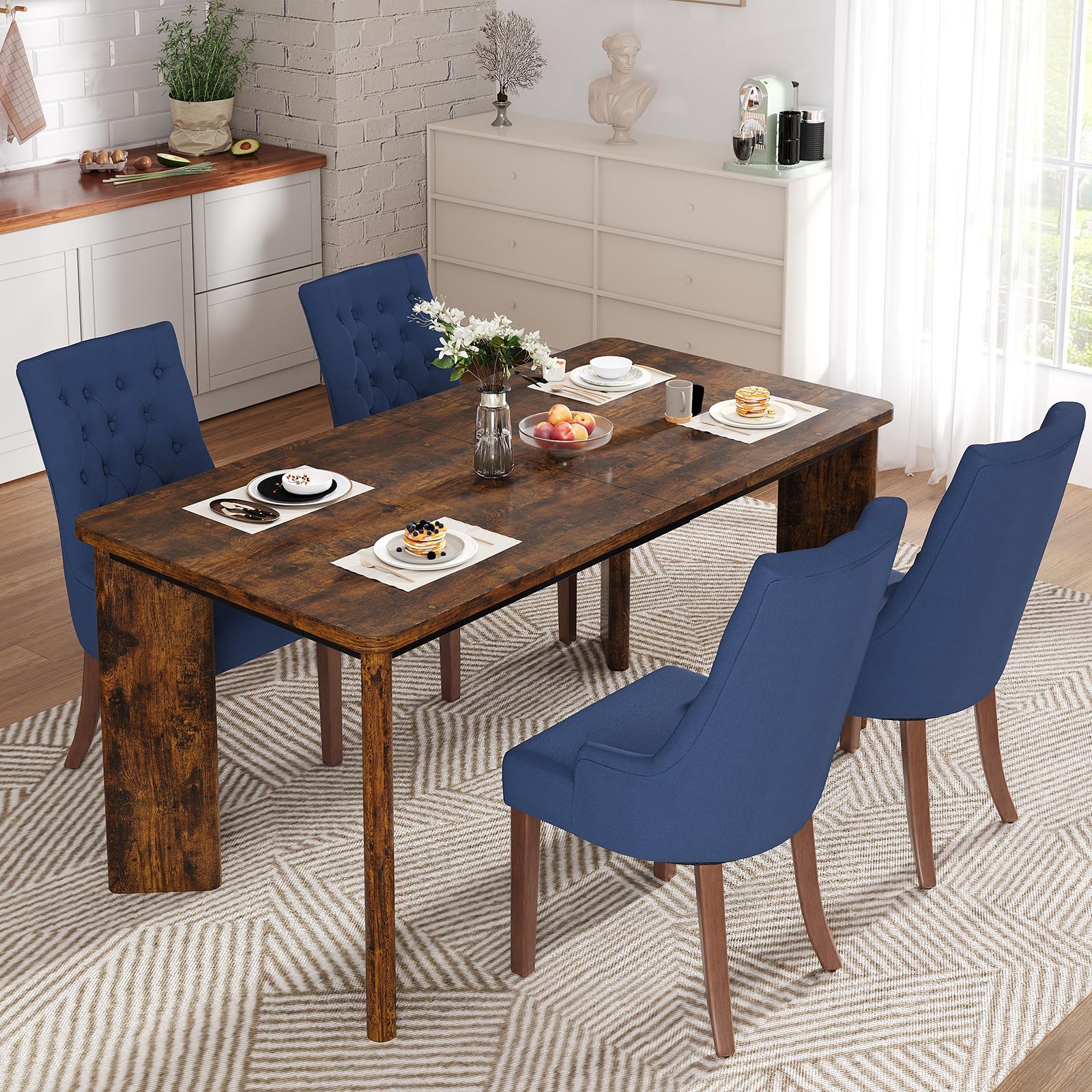 MALOL 5-Piece Rectangular Dining Table Set for 4, 63" Industrial Kitchen Table with 4 Tufted Parsons Dinner Chairs for Dining Room, Kitchen, Living Room, Brown+Blue