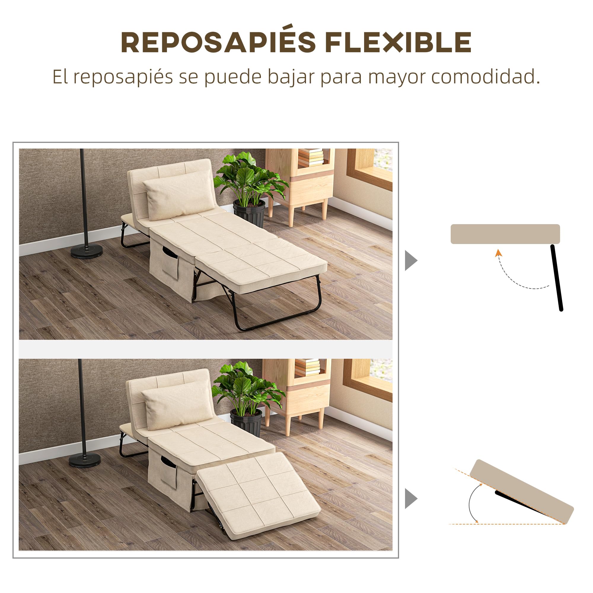 HOMCOM Sofá Cama de 1 Plaza 4 en 1, Sillón Cama Plegable, Otomana, Tapizado en Lino, con Respaldo Ajustable de 5 Niveles, Almohada Acolchada, para Oficina, Dormitorio, Salón, 75x80x74 cm, Crema